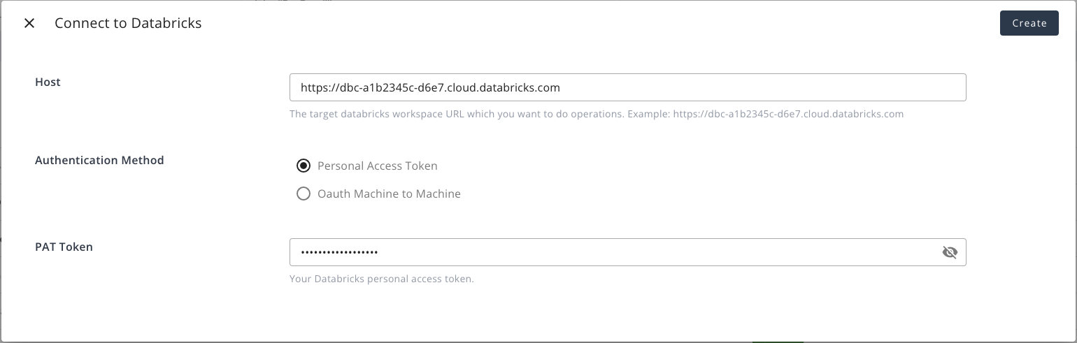 Databricks integration setup with personal access token authentication
