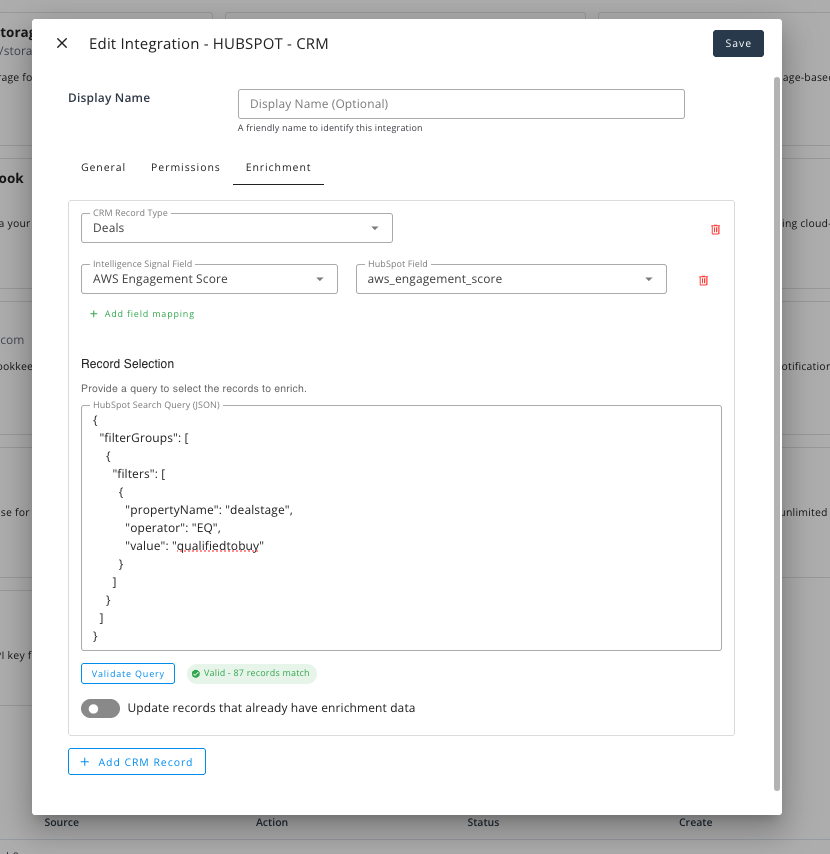 Add CRM Record enrichment configuration in Fours Console