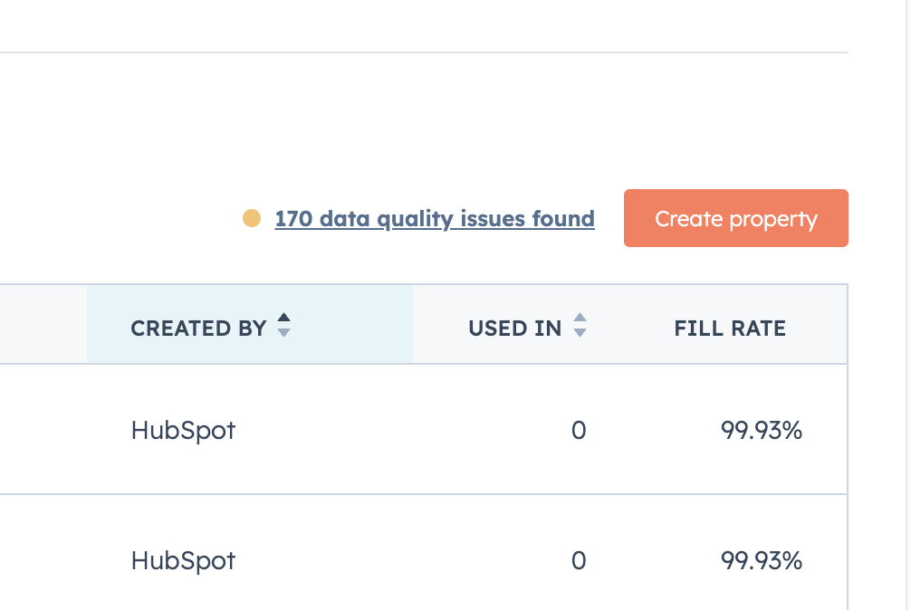 Create property button in HubSpot