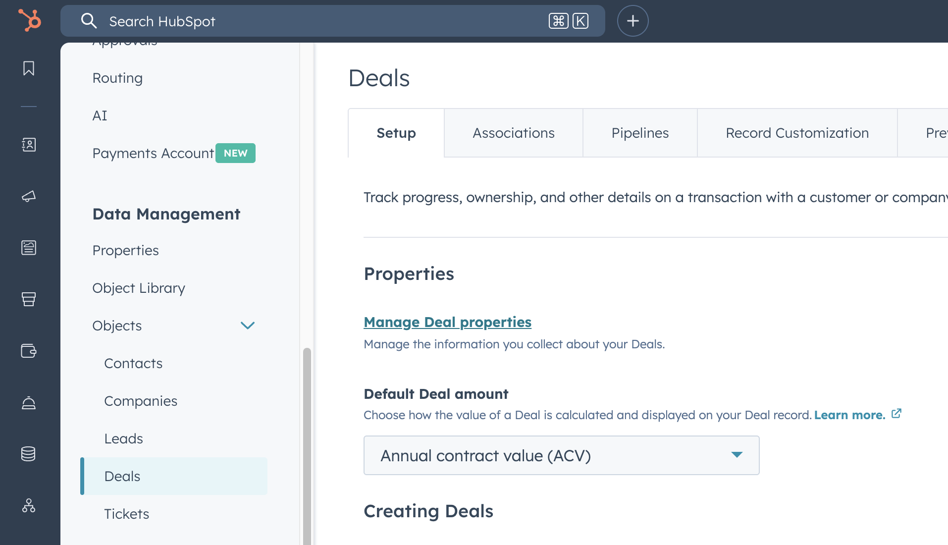 HubSpot Data Management Objects settings page