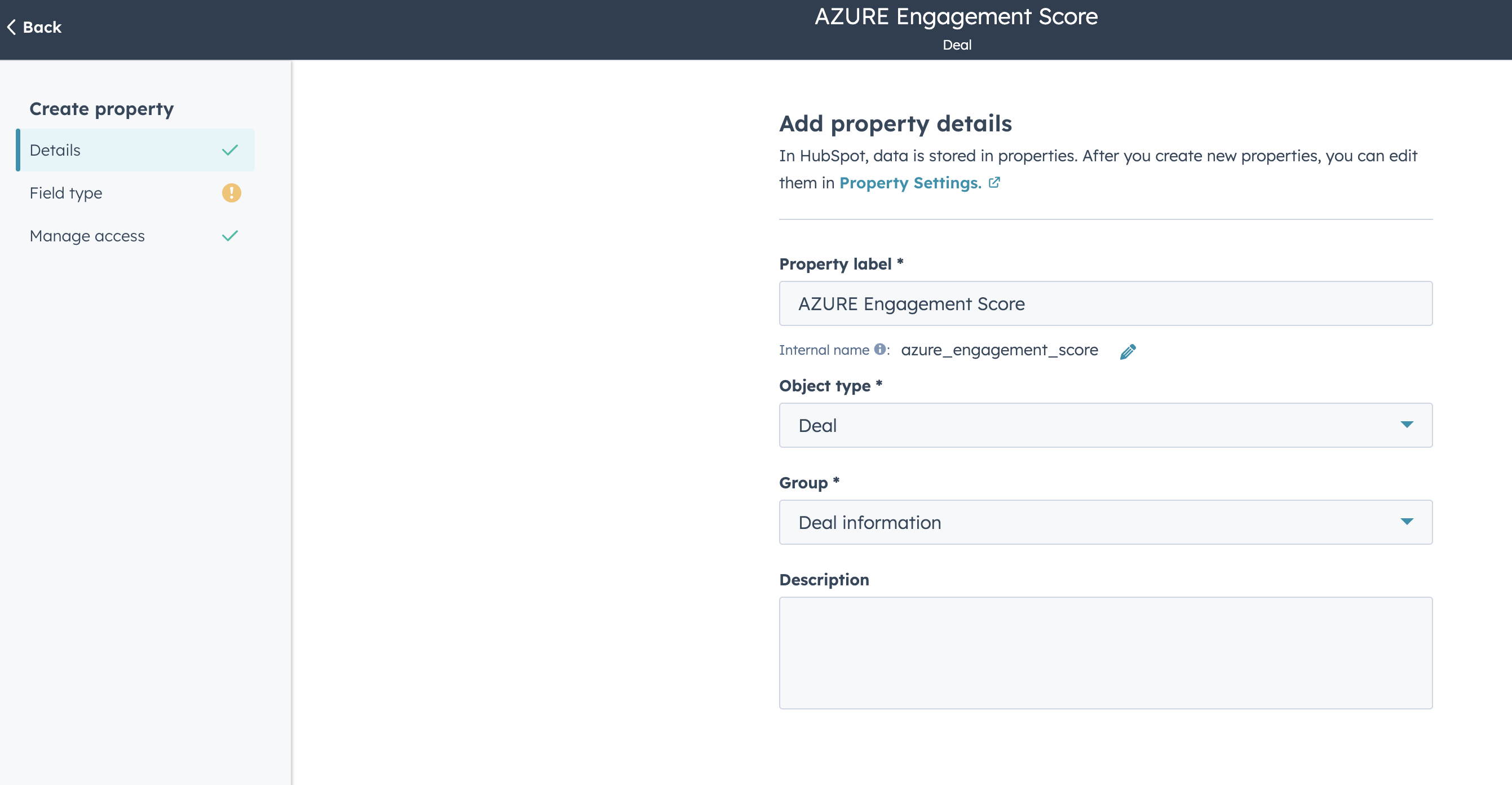 Property label, object type, and group fields