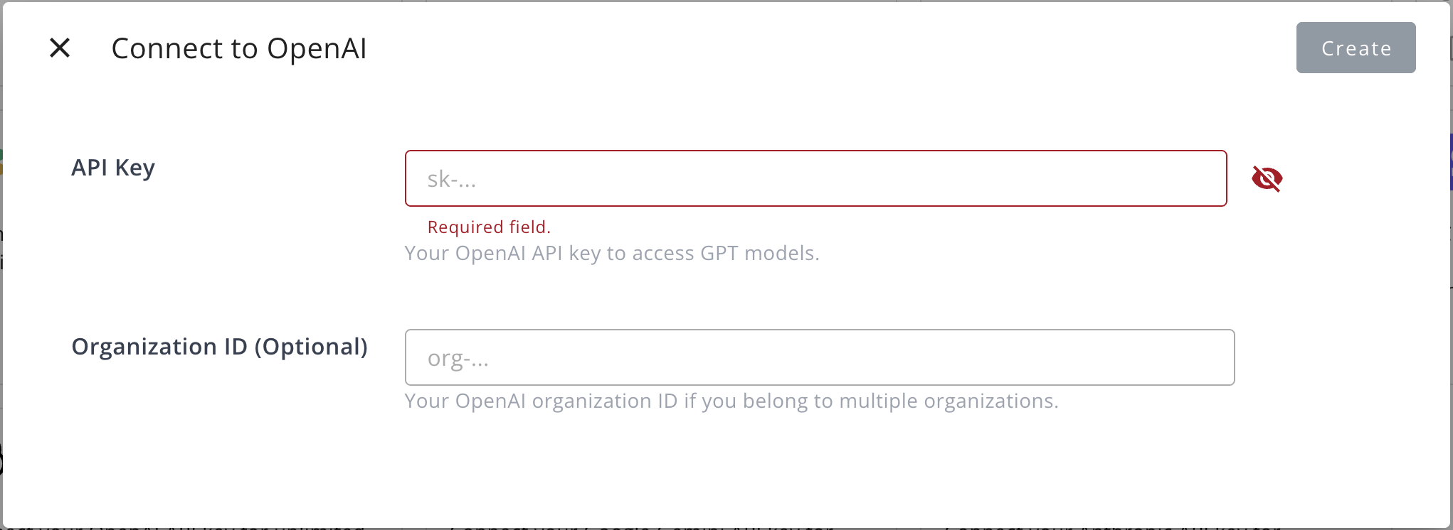 OpenAI integration dialog with API key fields