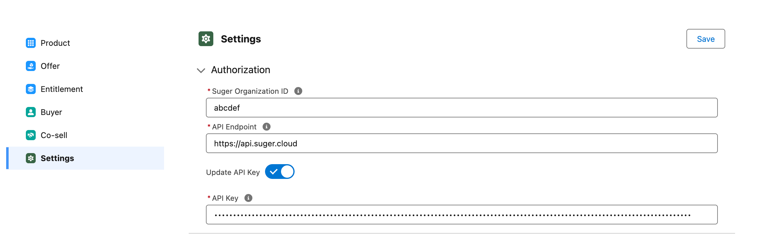 Suger app settings form in Salesforce with Organization ID and API Key