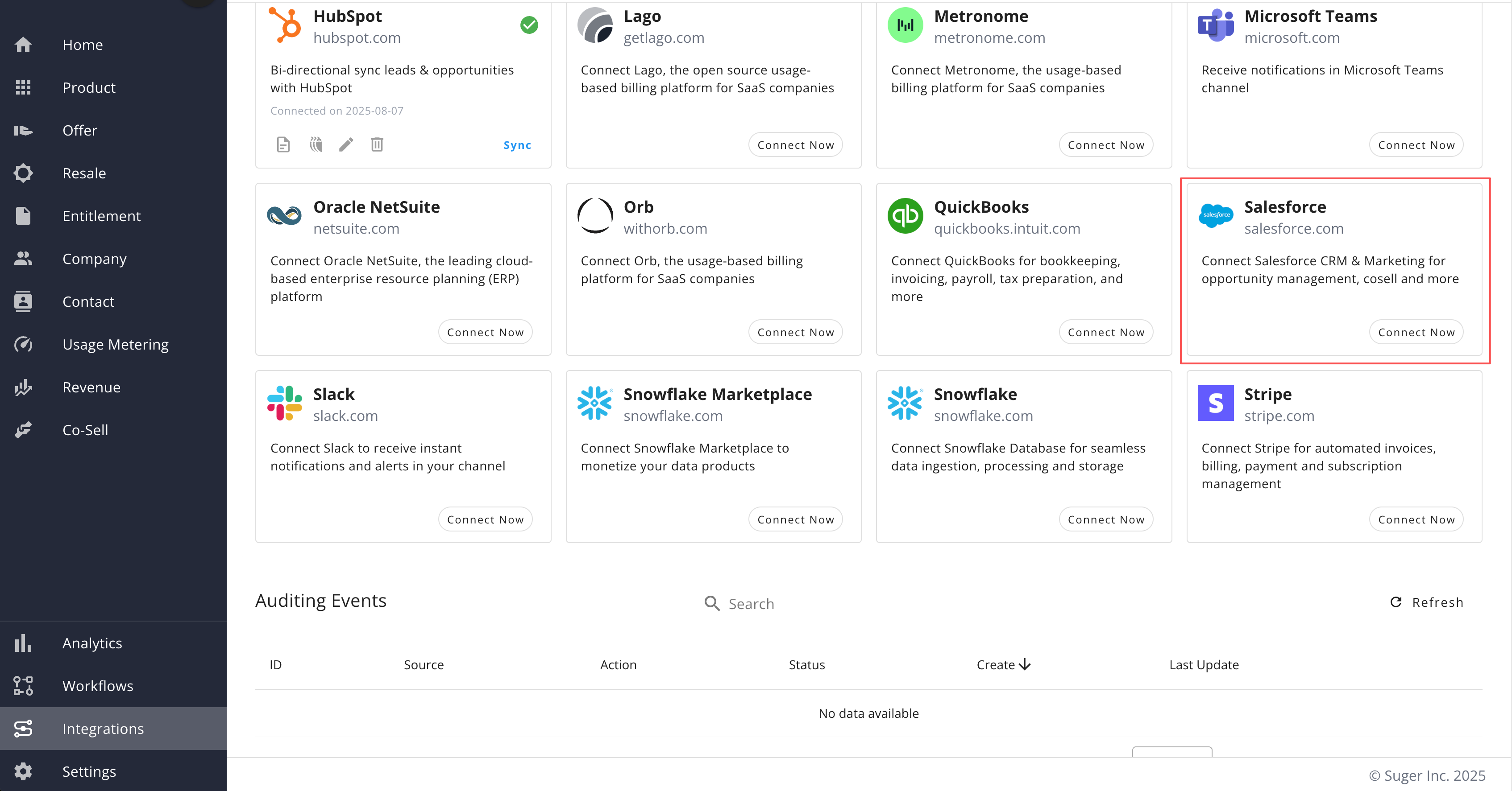 Connect Now button on the Salesforce integration page in Fours Console