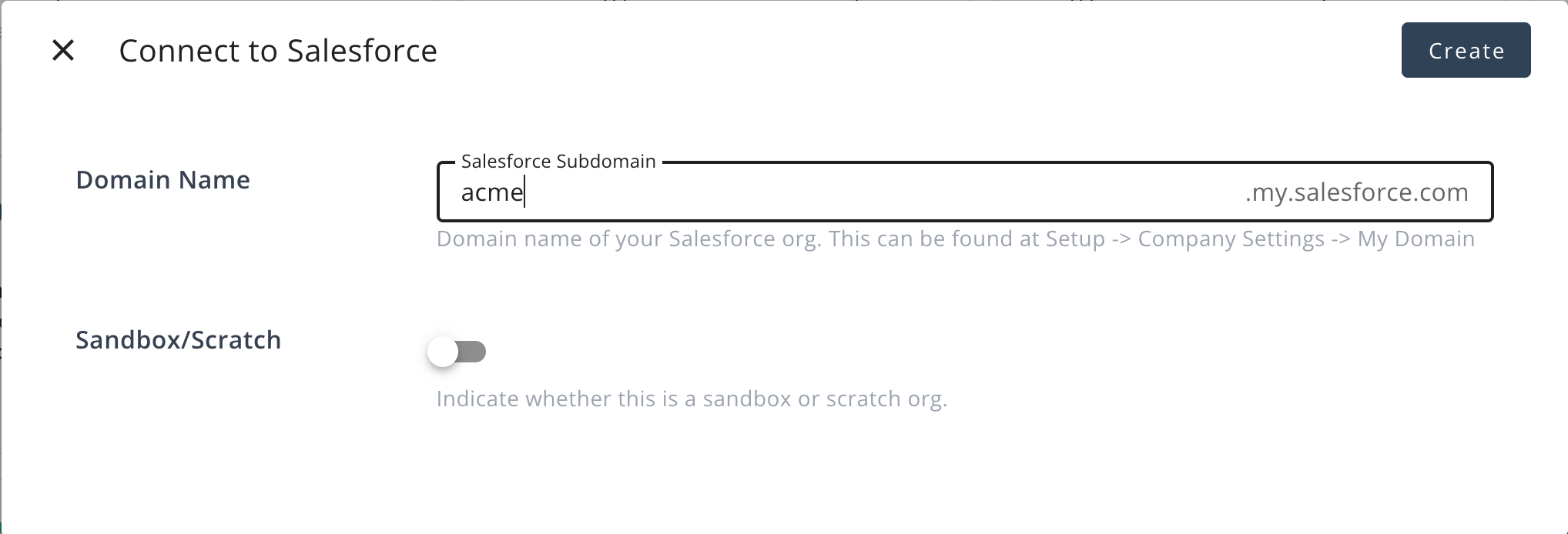 Salesforce connection form with subdomain and sandbox checkbox