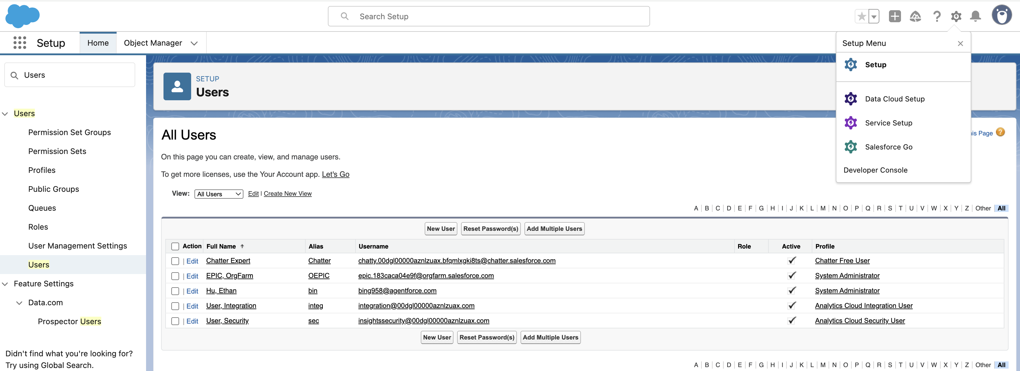 New User creation page in Salesforce Setup