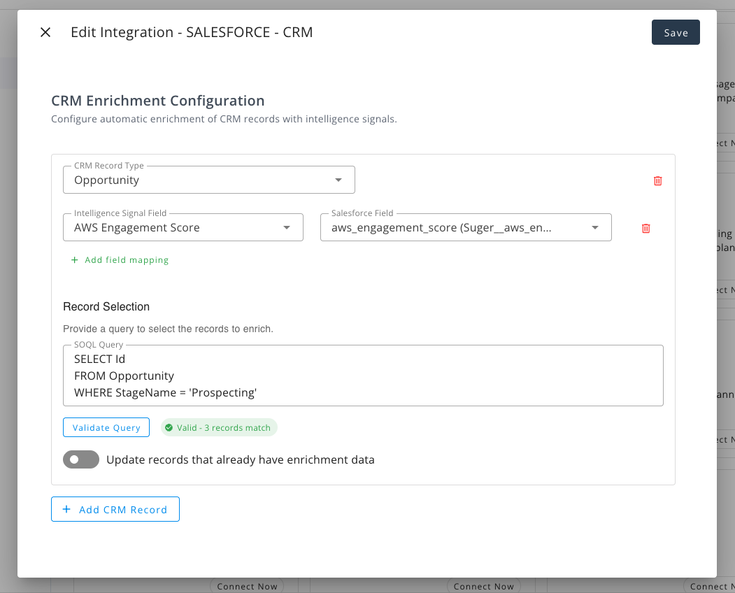 Add CRM Record button in Fours enrichment configuration