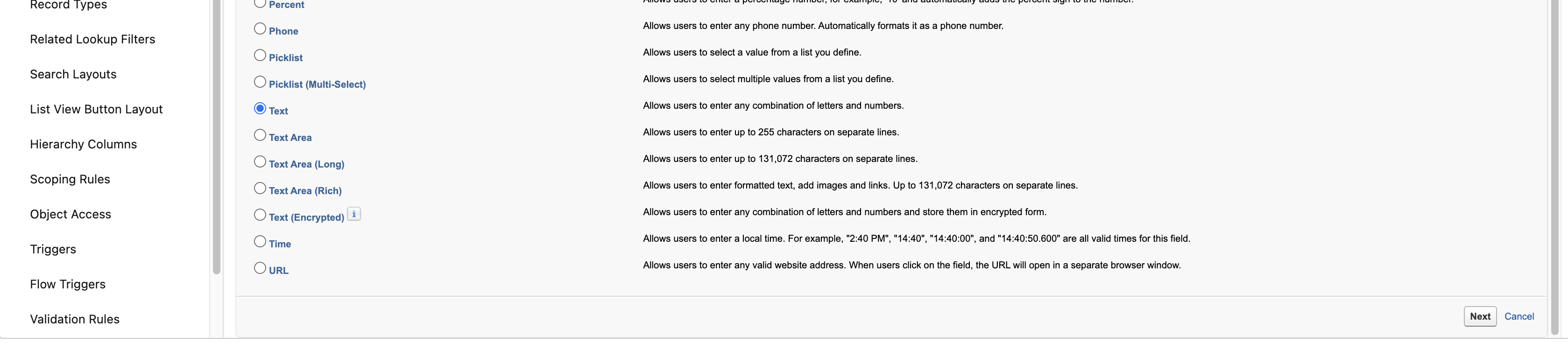 Field type selection when creating a custom Salesforce field