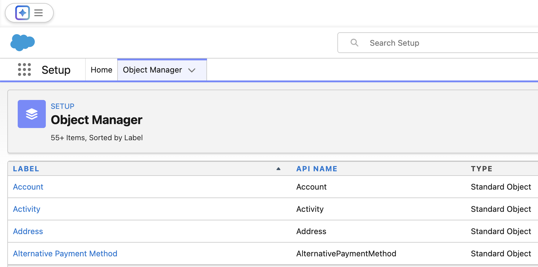 Object Manager page in Salesforce Setup