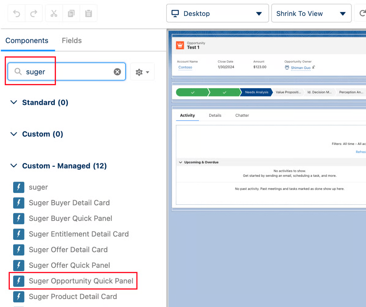 Suger component search results in Lightning App Builder