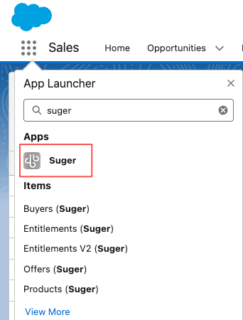 Suger app search result in the Salesforce App Launcher