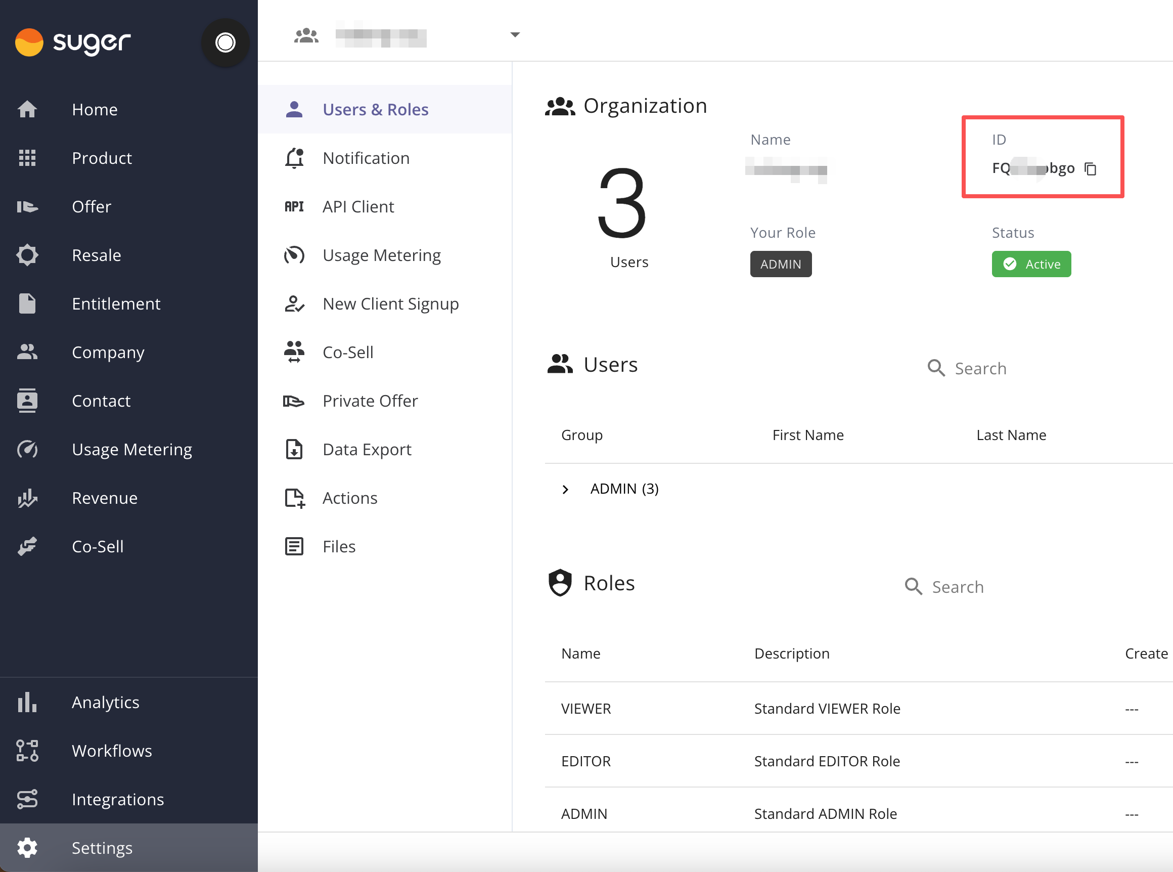 Organization ID field under Organization and Users in Fours Console