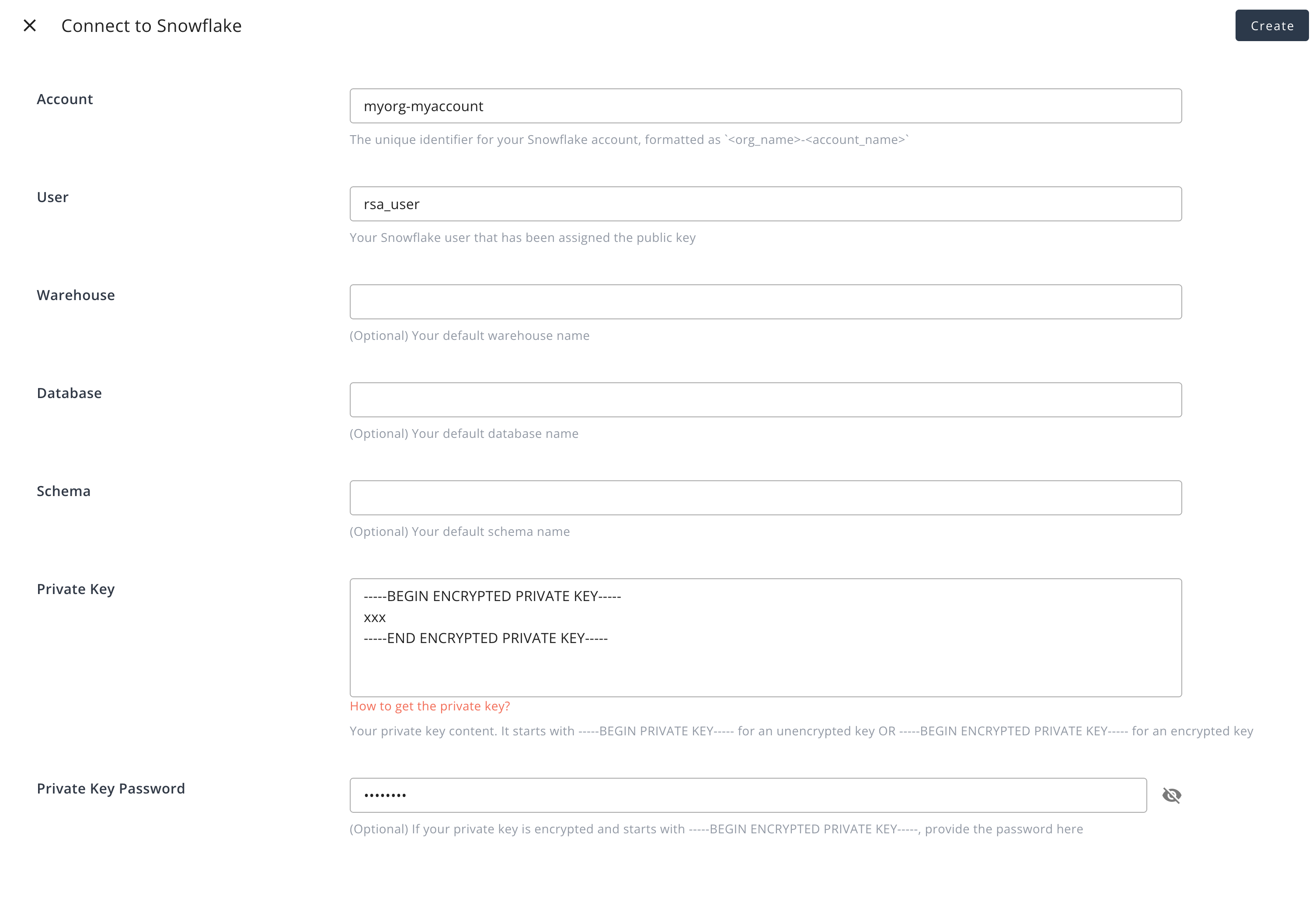 Snowflake integration form with an encrypted private key