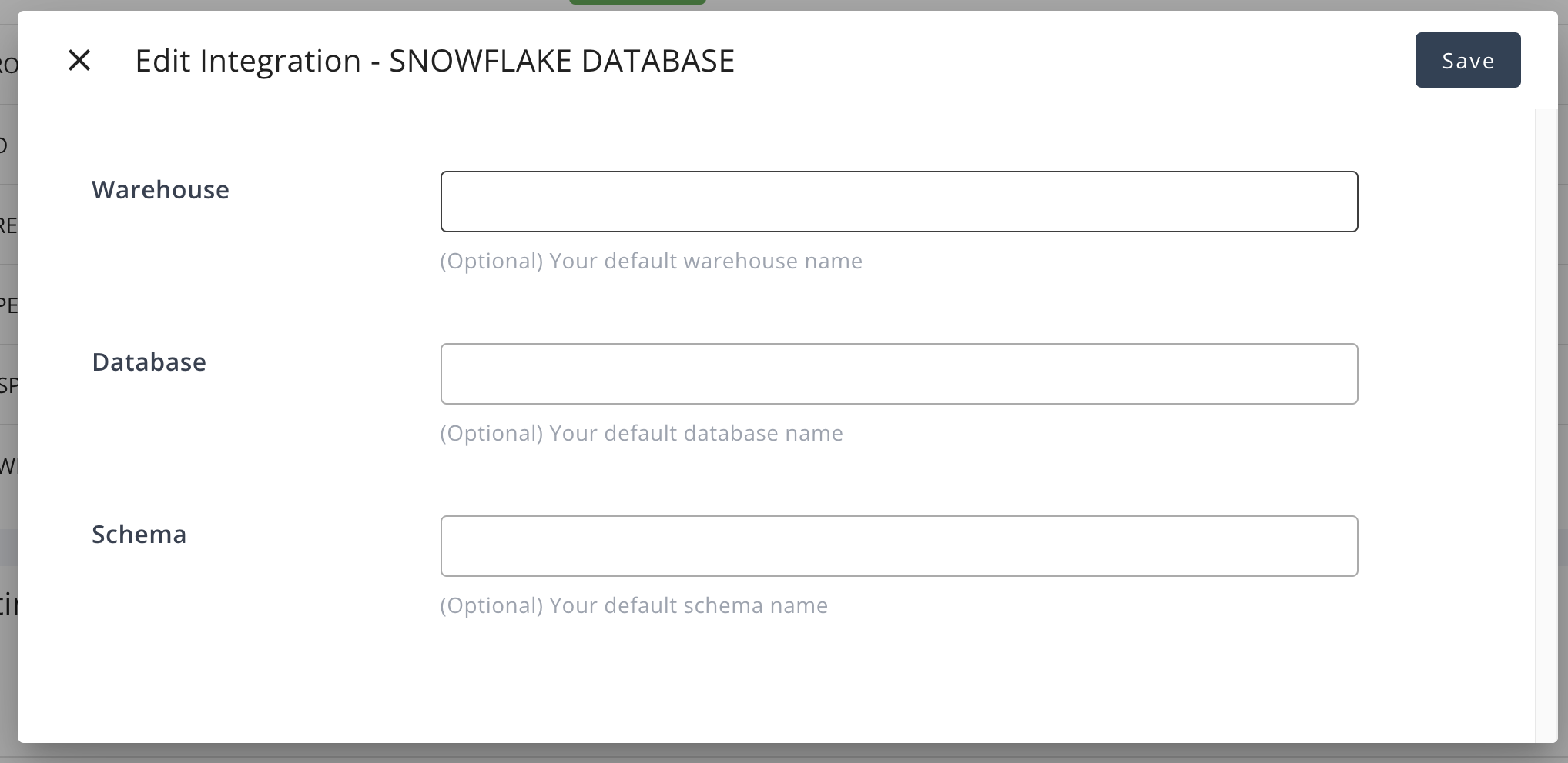 Editing dialog for the Snowflake integration