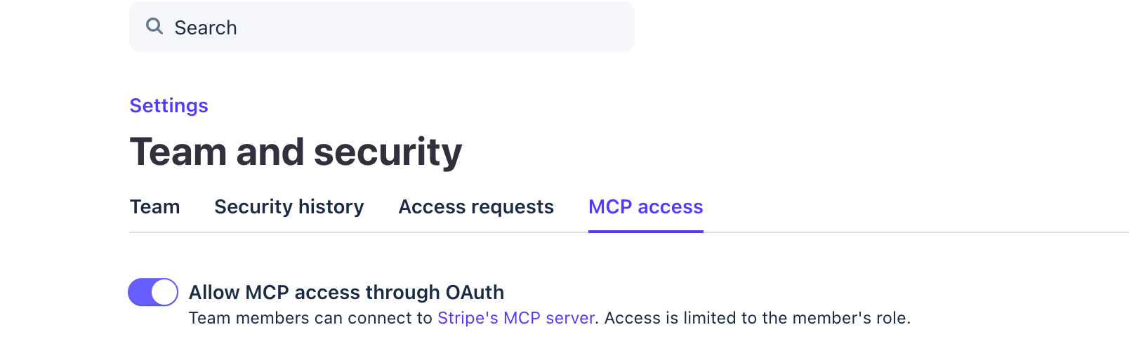 MCP access toggle in Stripe Team and security settings