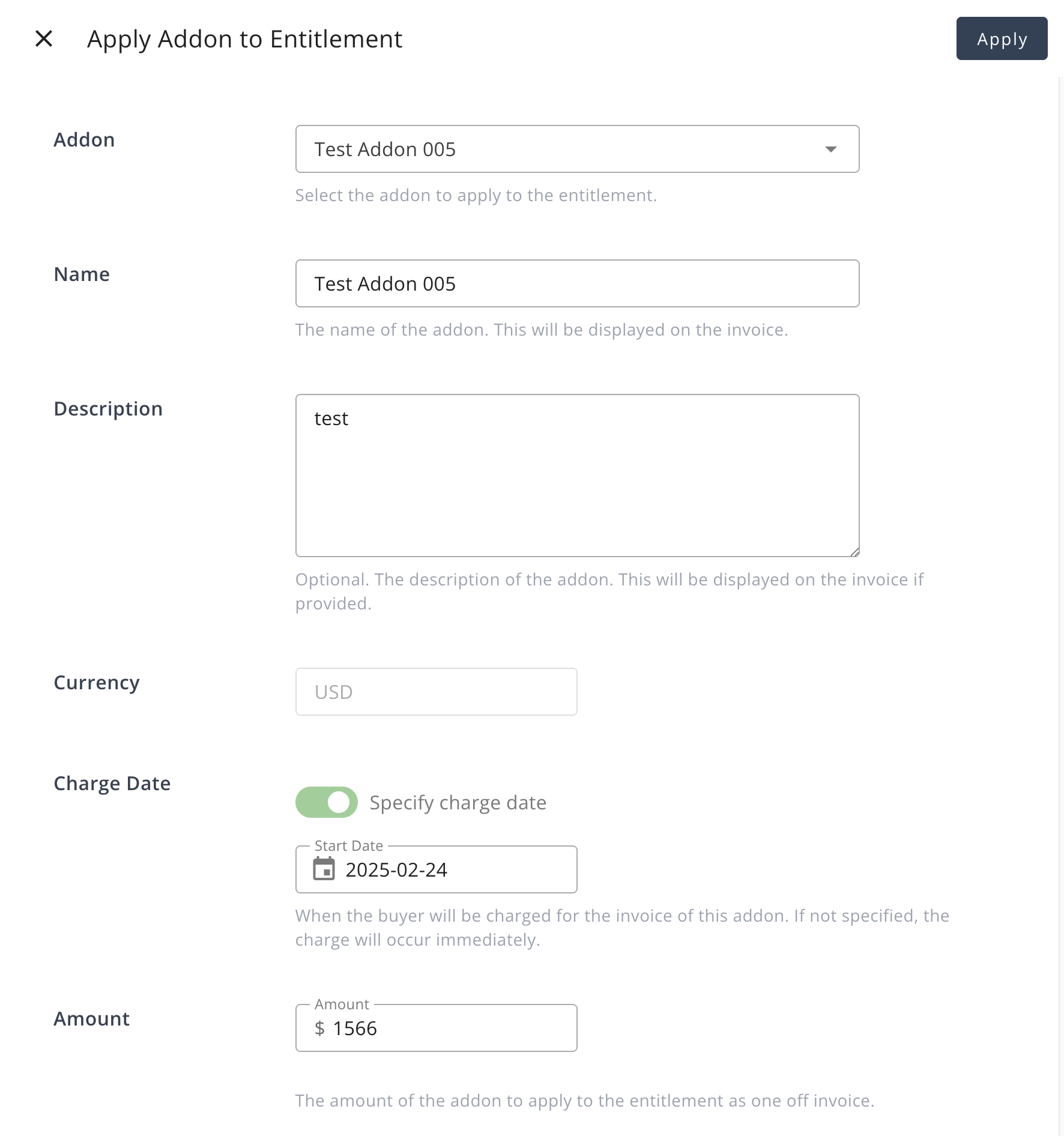 Apply Addon dialog on the entitlement detail page