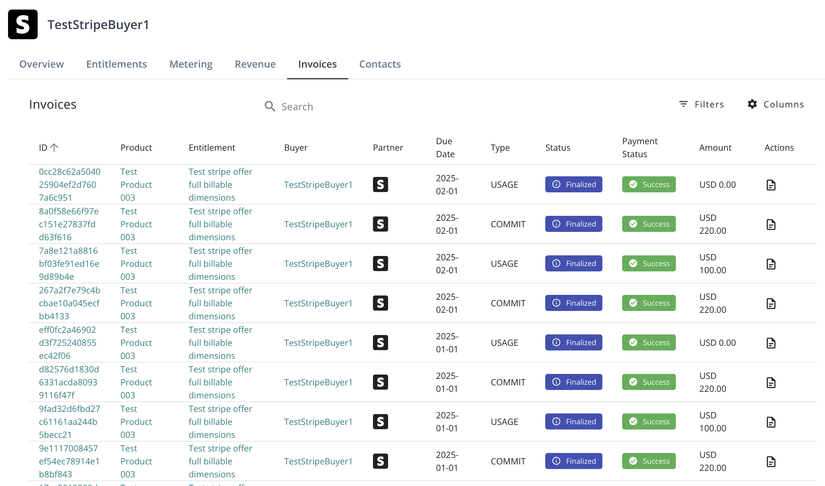 Invoice list table on the entitlement detail page