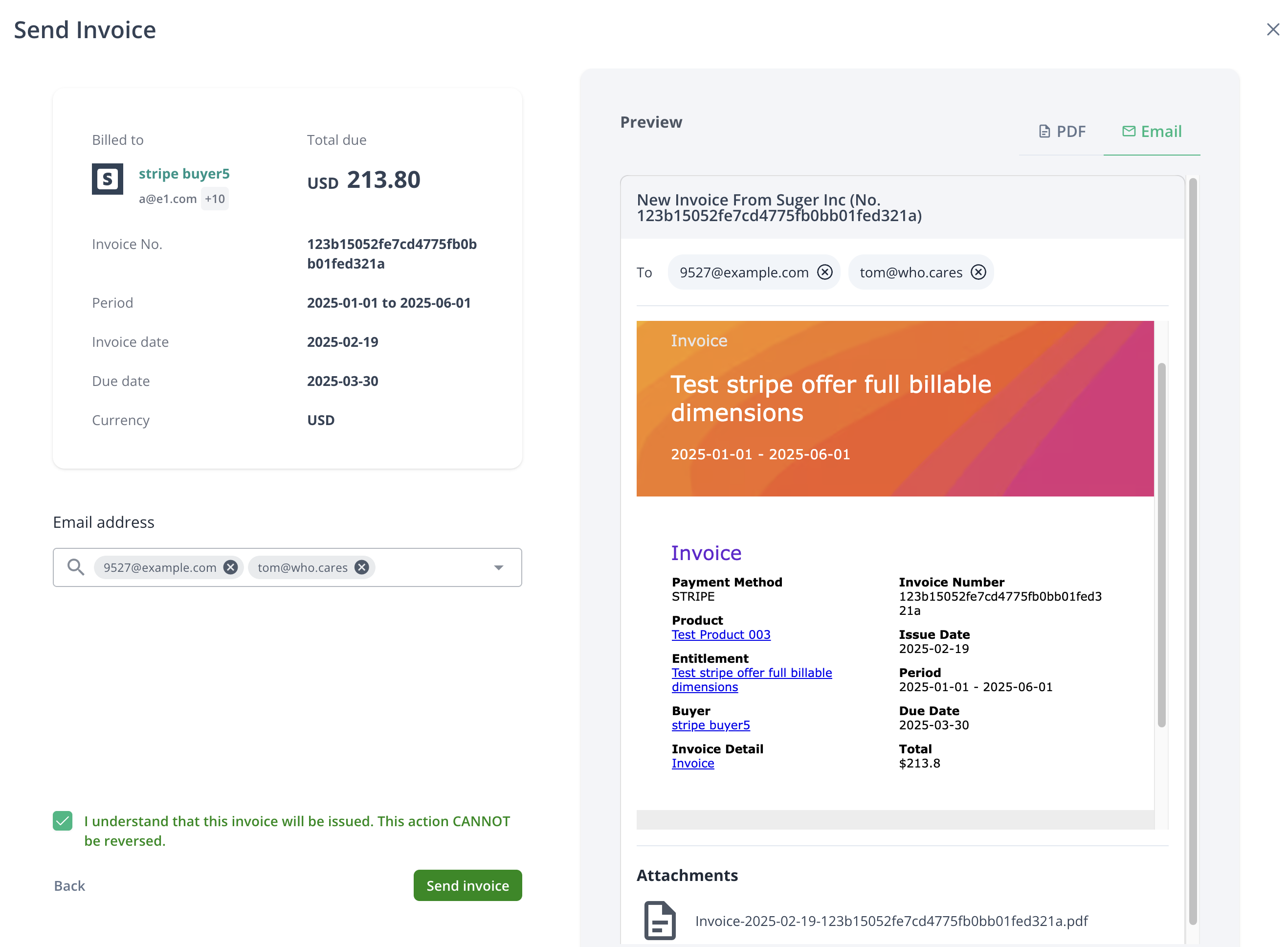Invoice email content preview before issuing