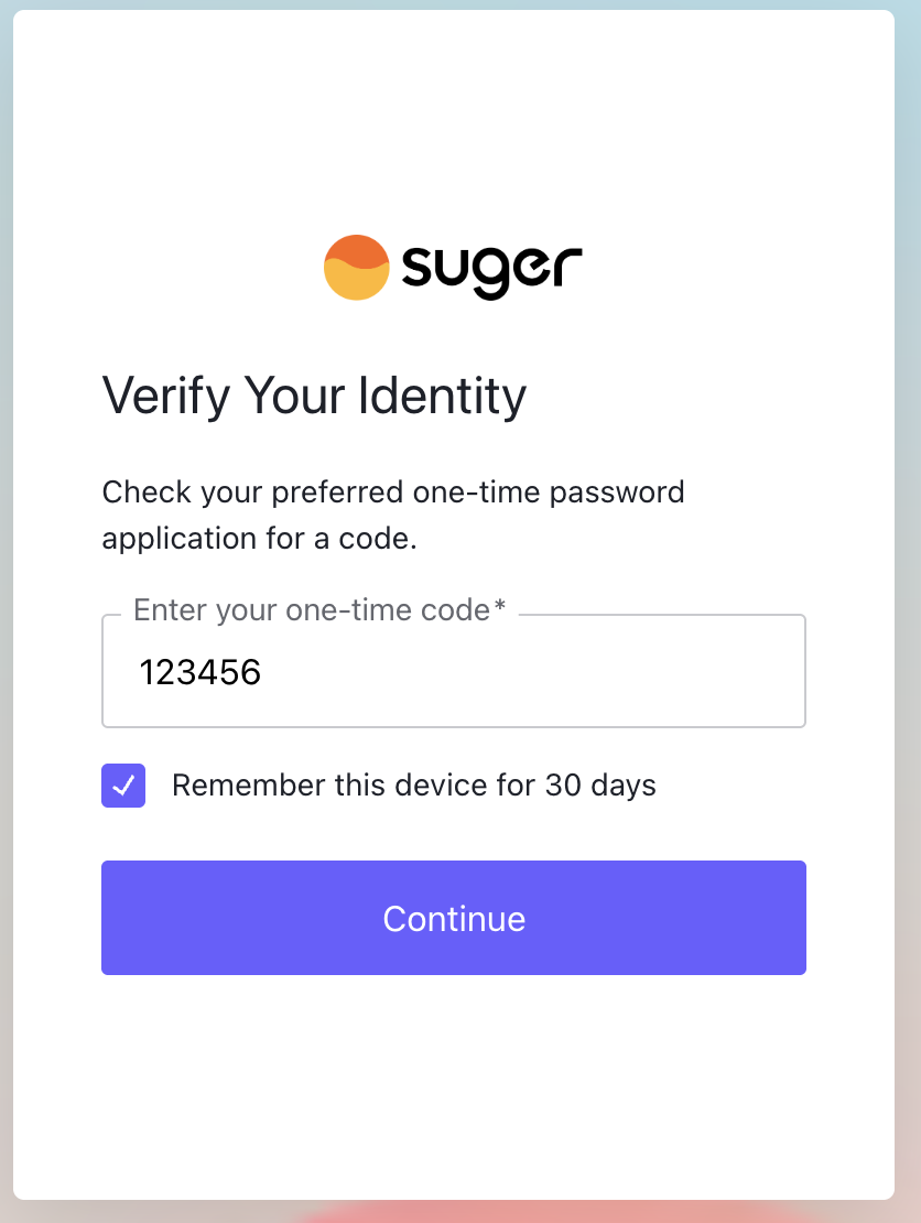 Fours Verify Your Identity screen with one-time code field and Remember this device for 30 days option