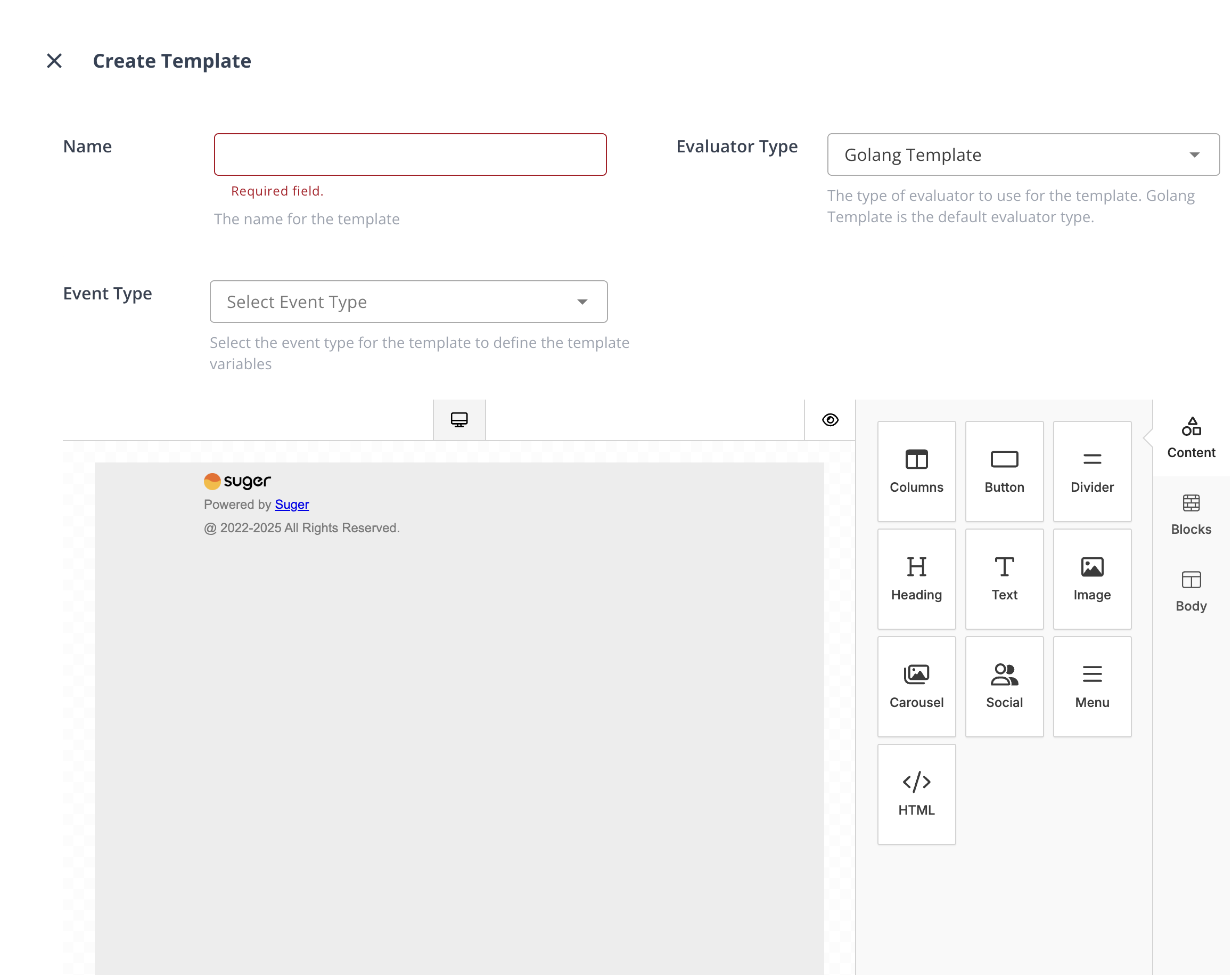 Template creation dialog with the email builder