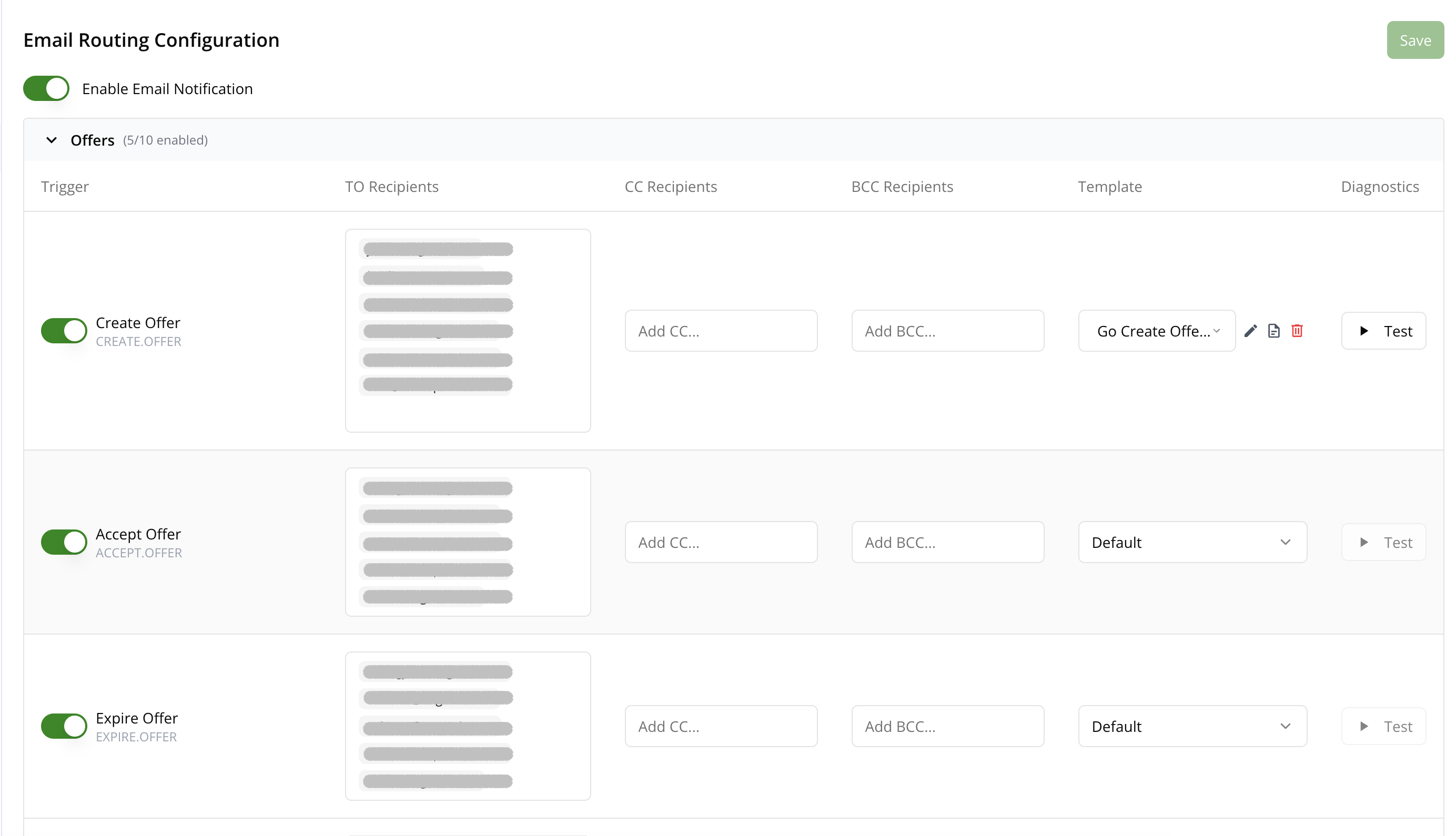 Email Routing Configuration table in Notification settings