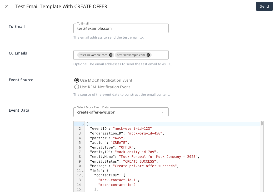 Test dialog with recipient email and event JSON data