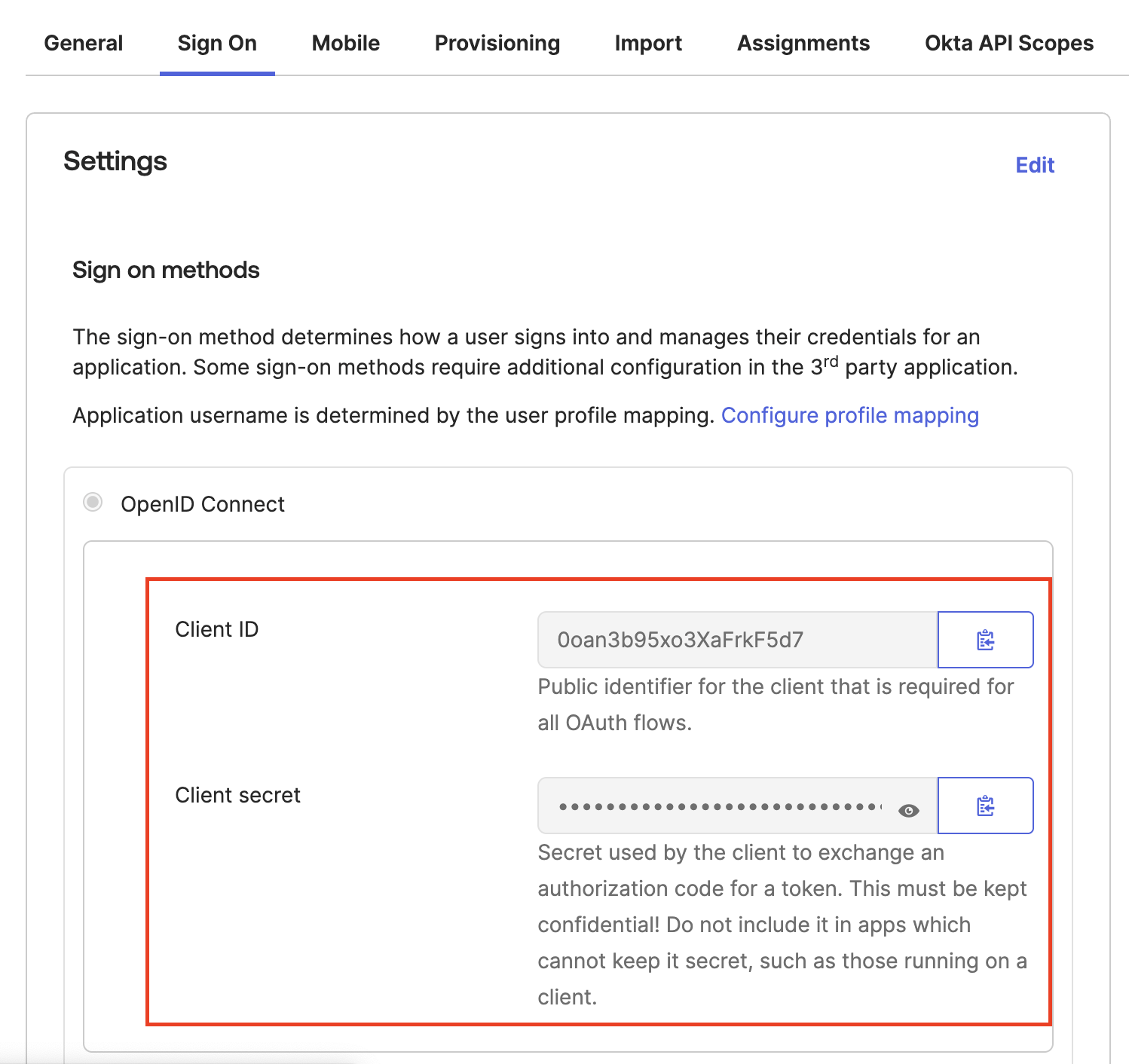 Sign On tab showing the OIDC Client ID and Client Secret in Okta
