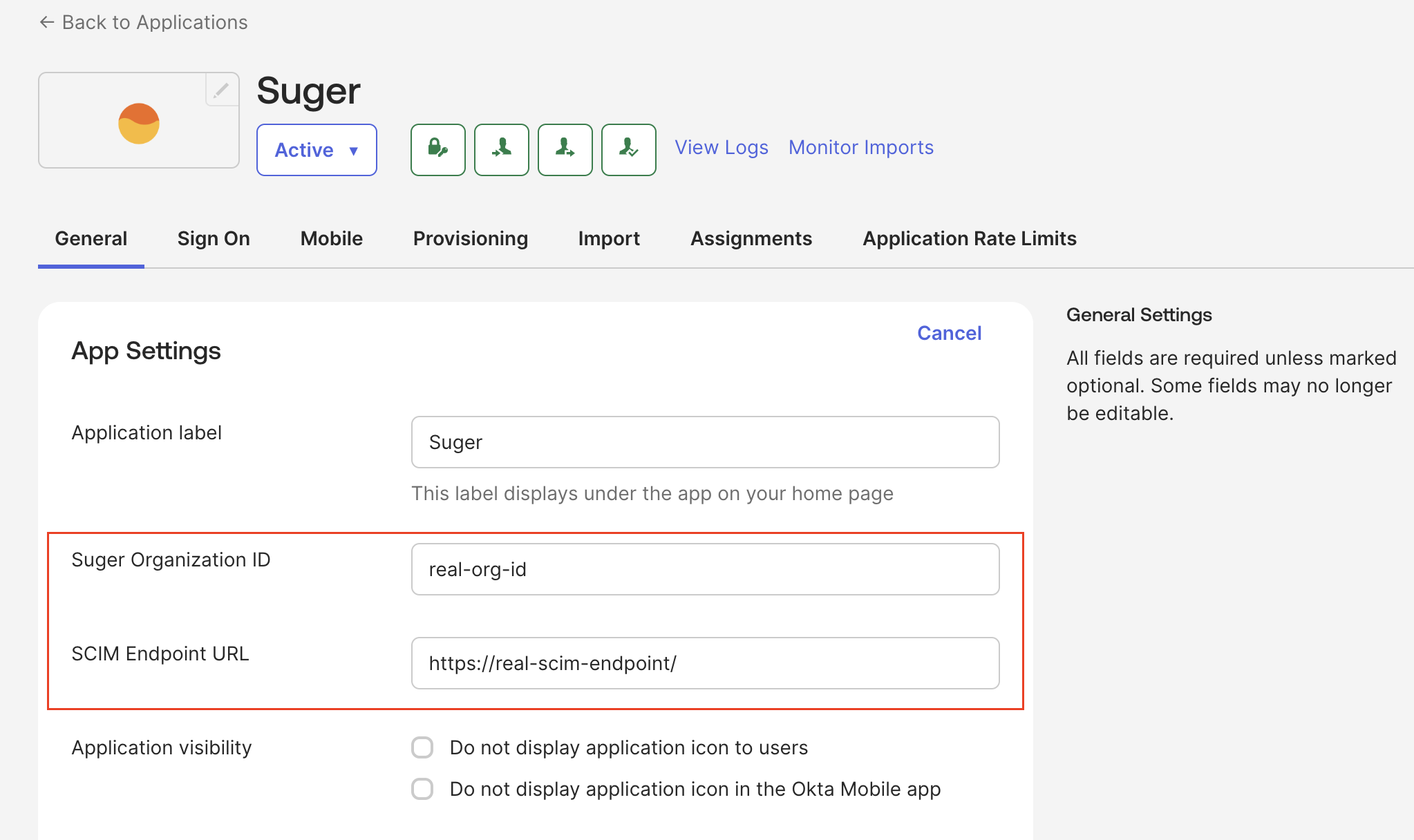 Editing App Settings with the Suger Organization ID and SCIM Endpoint URL