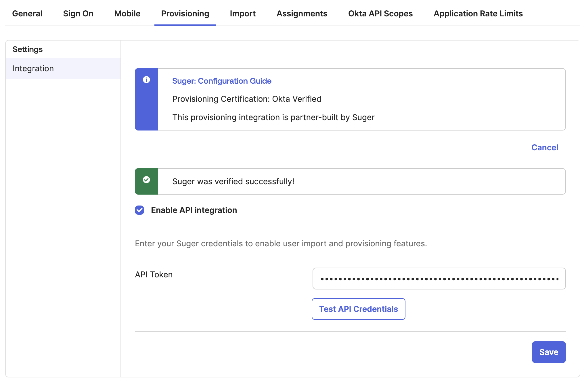 API Integration settings with the SCIM API token in Okta Provisioning