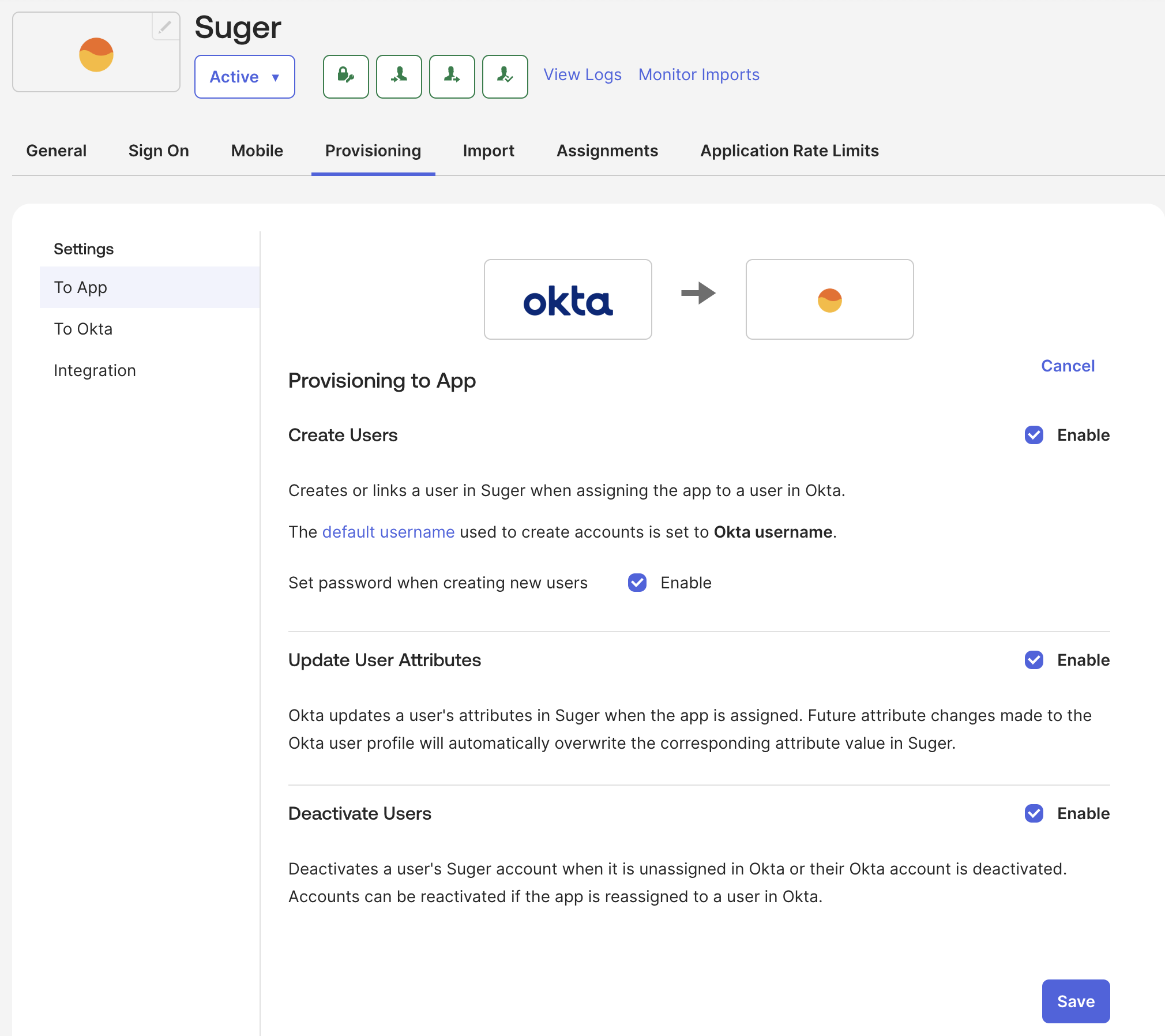 Provisioning to App settings with user lifecycle options enabled