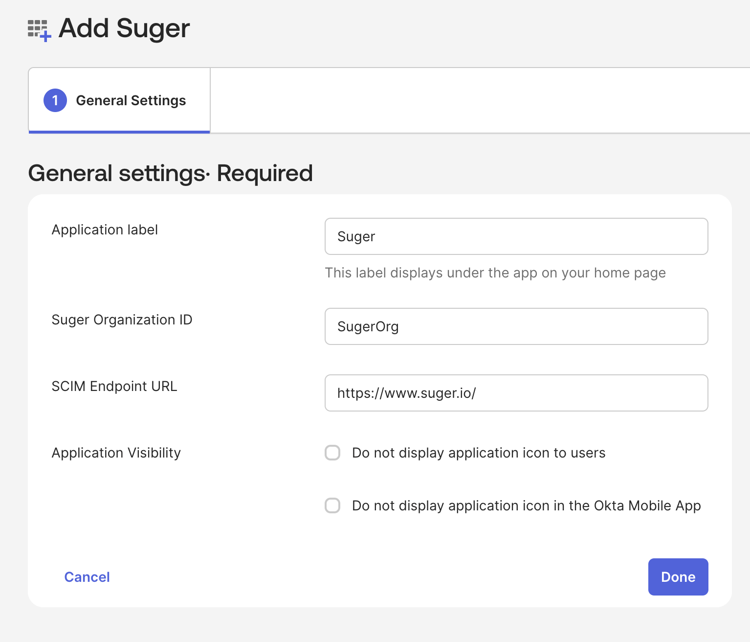 Suger app General Settings screen in Okta with placeholder values
