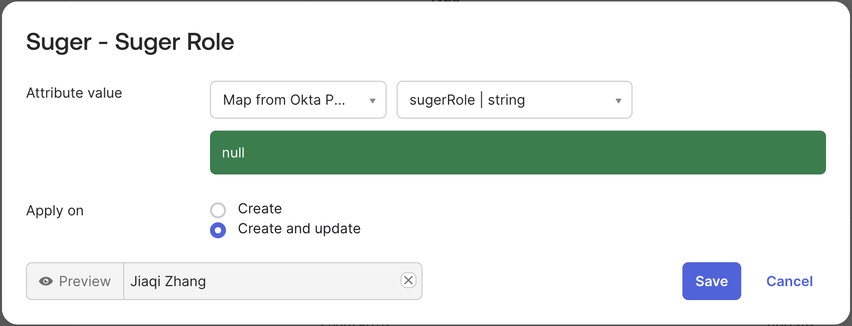sugerRole attribute mapping in the Okta Provisioning To App section