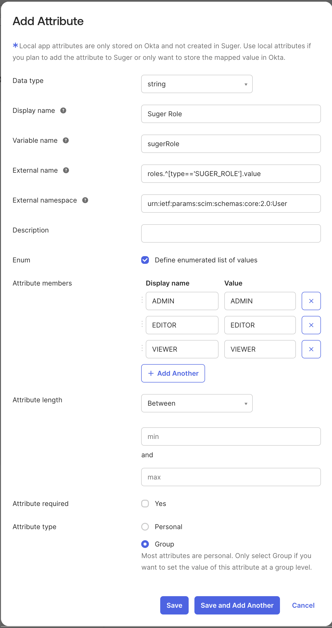 Custom sugerRole attribute added to the Suger App user profile