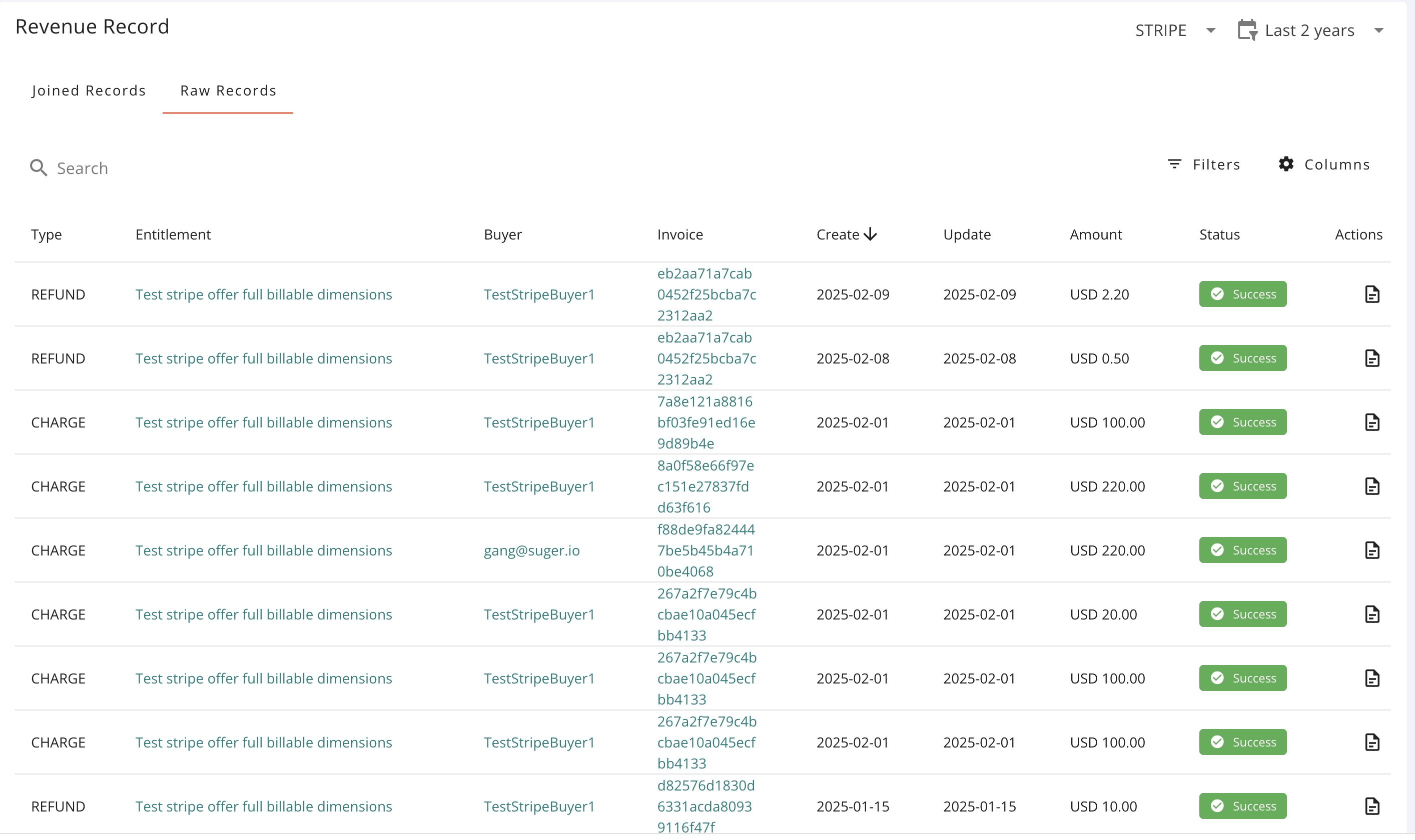 Raw records table in the Revenue dashboard