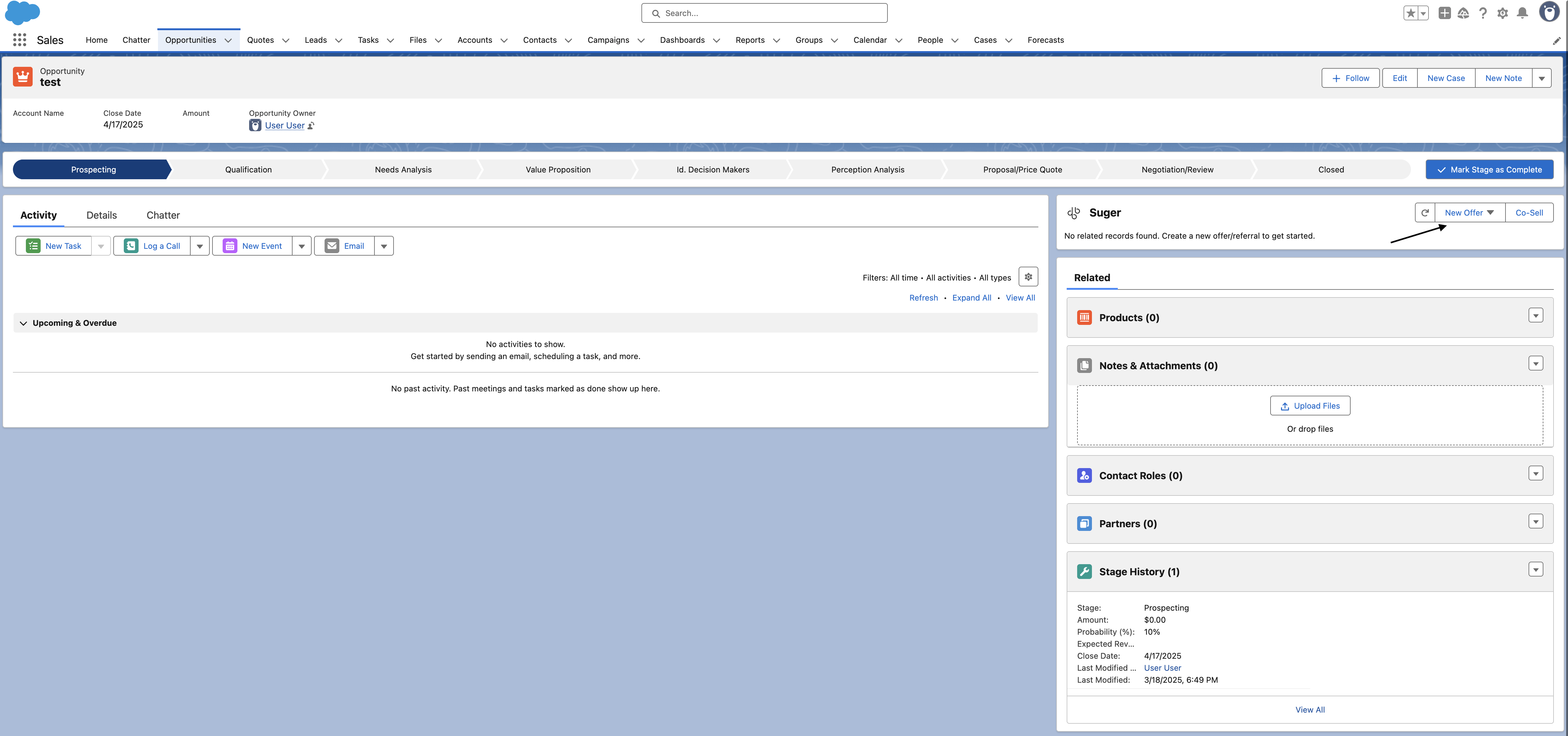New Offer dropdown button on Salesforce opportunity page