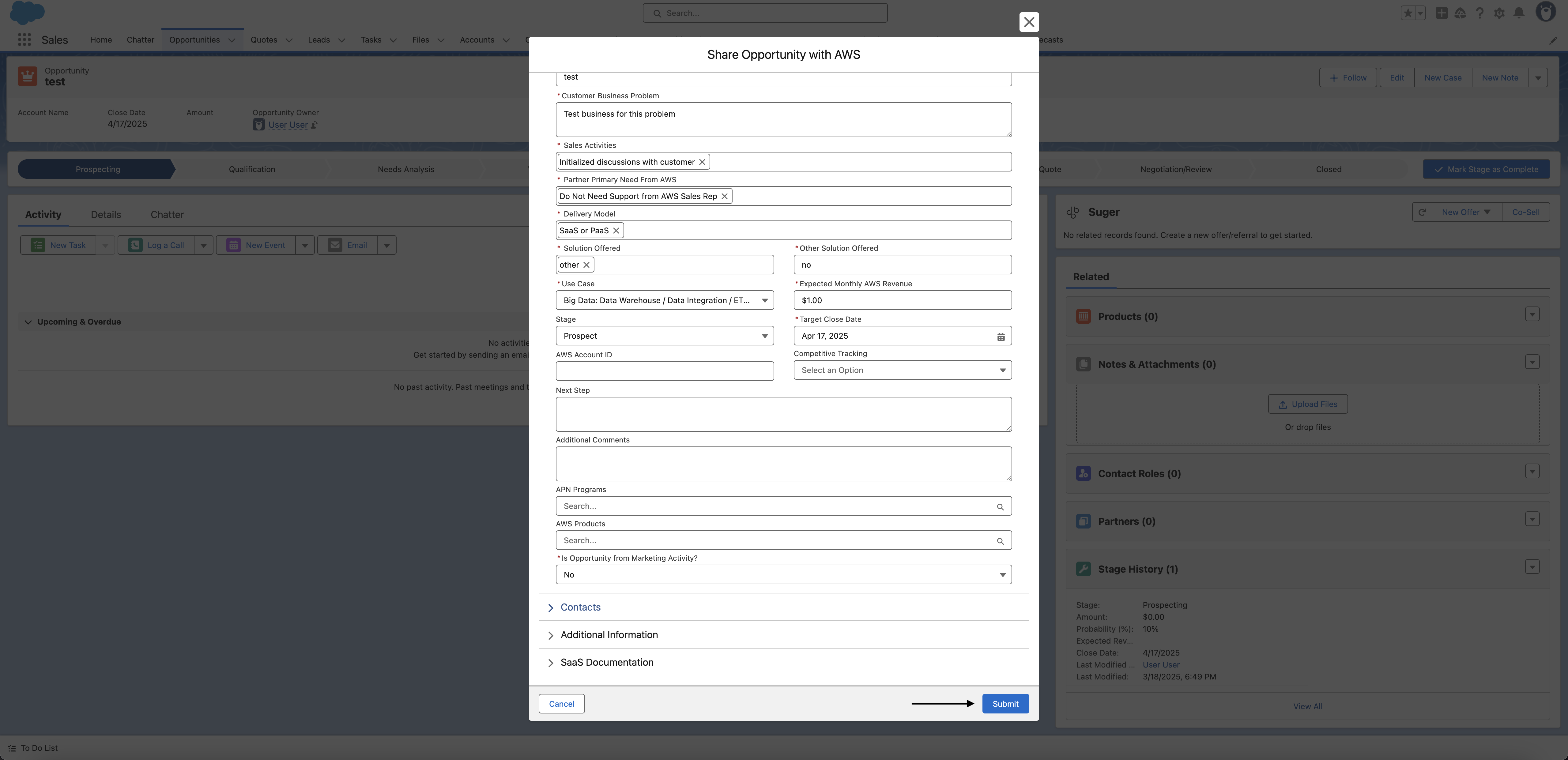 Submit button on the AWS co-sell referral form
