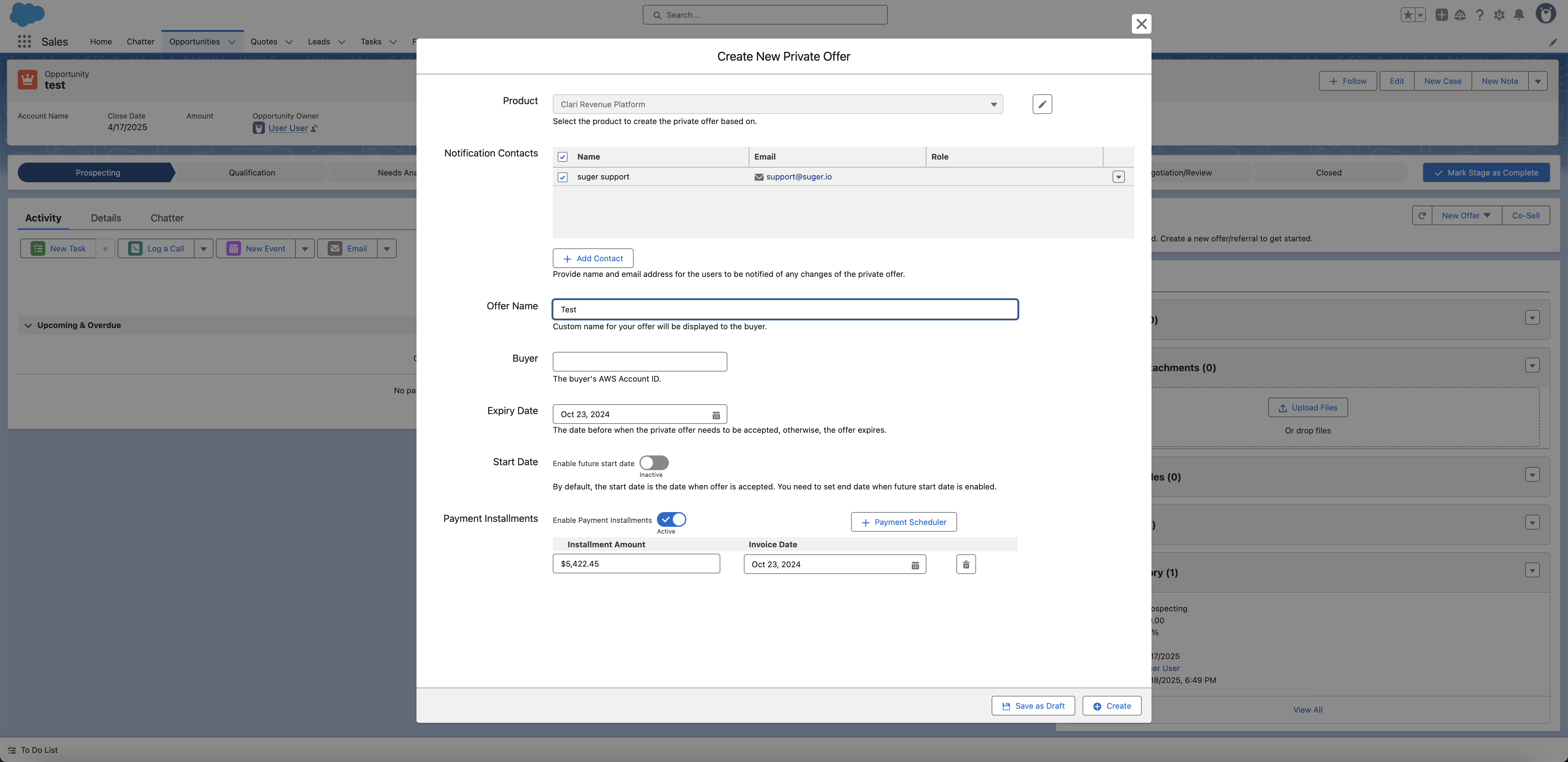 Private offer creation form in Salesforce