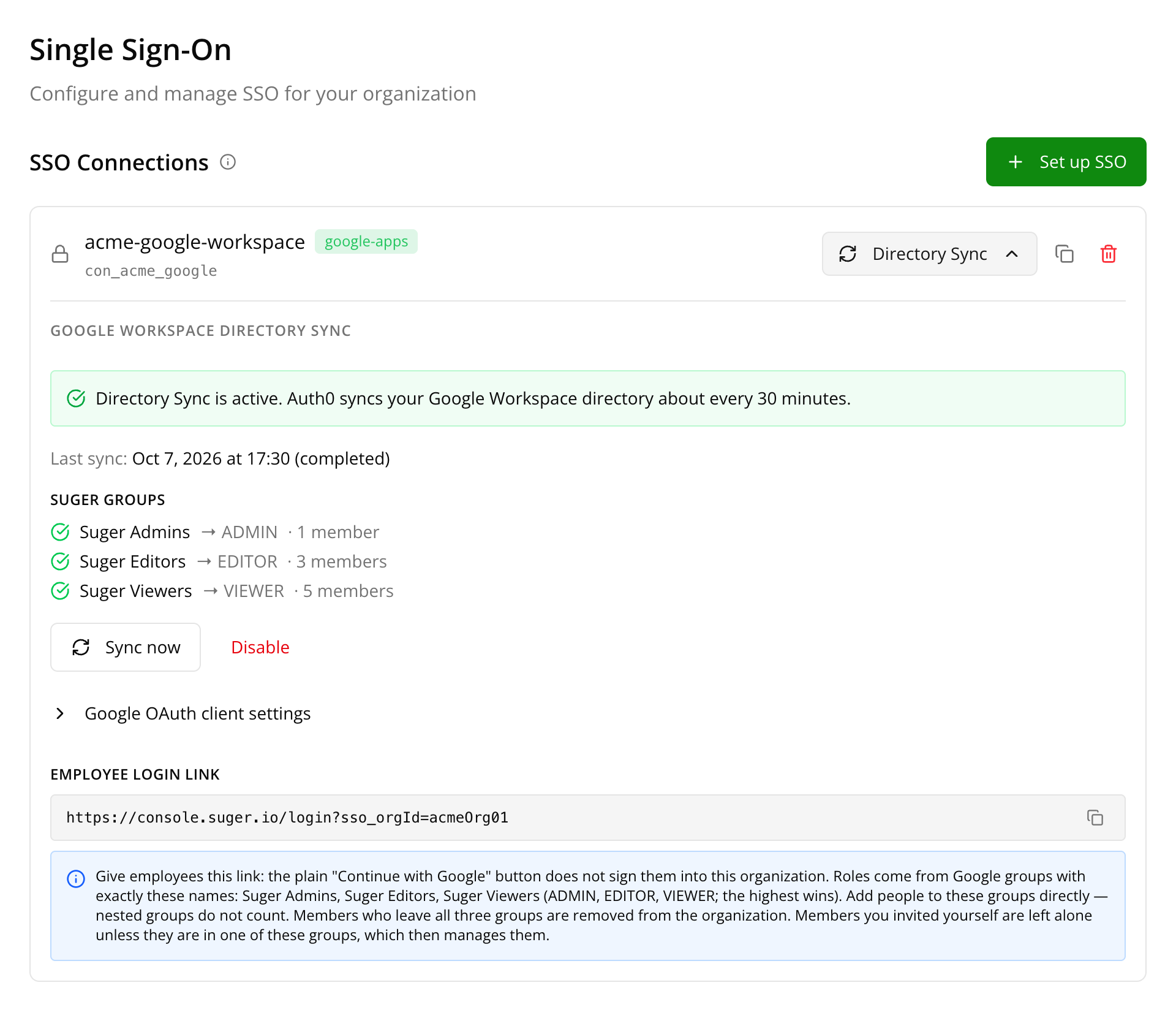 Active Directory Sync panel showing the last sync, the three groups with their member counts, Sync now, Disable and the employee login link