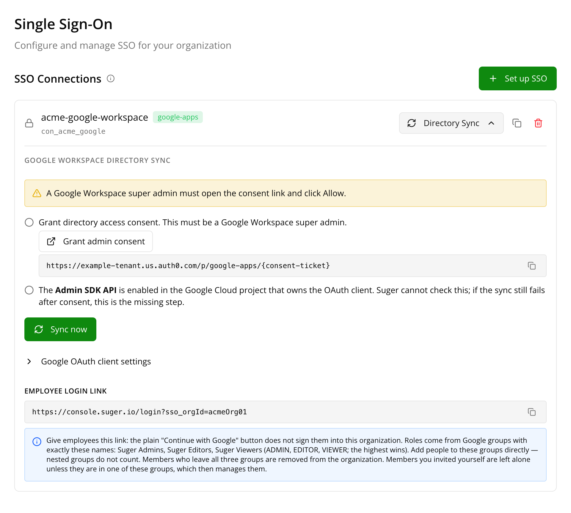 Directory Sync panel waiting for admin consent, with the Grant admin consent button, the Admin SDK API reminder and Sync now