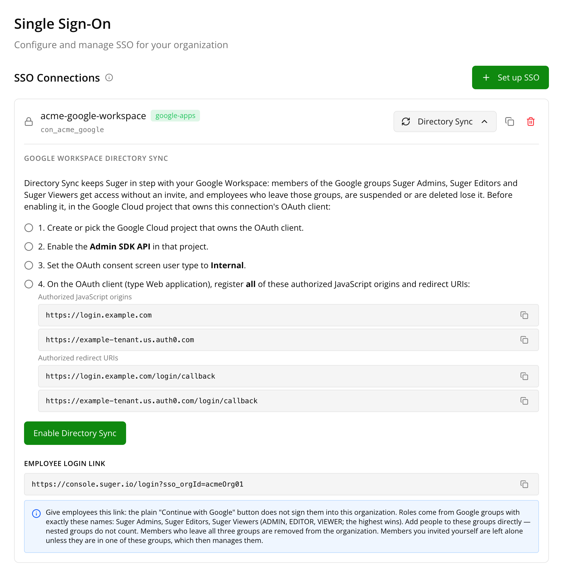 Directory Sync panel before it is enabled, listing the setup checklist, the authorized JavaScript origins and redirect URIs to register, and Enable Directory Sync