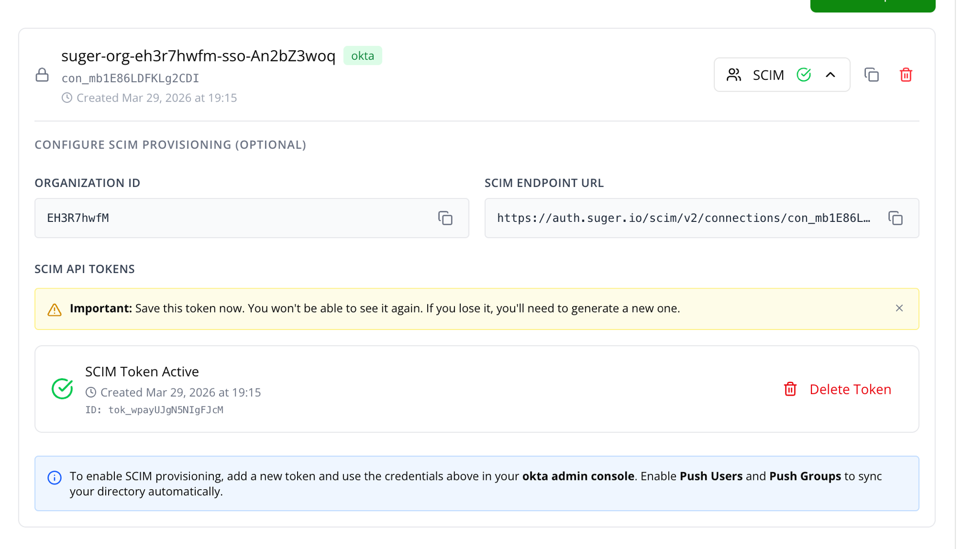SCIM section showing Organization ID and SCIM Endpoint URL