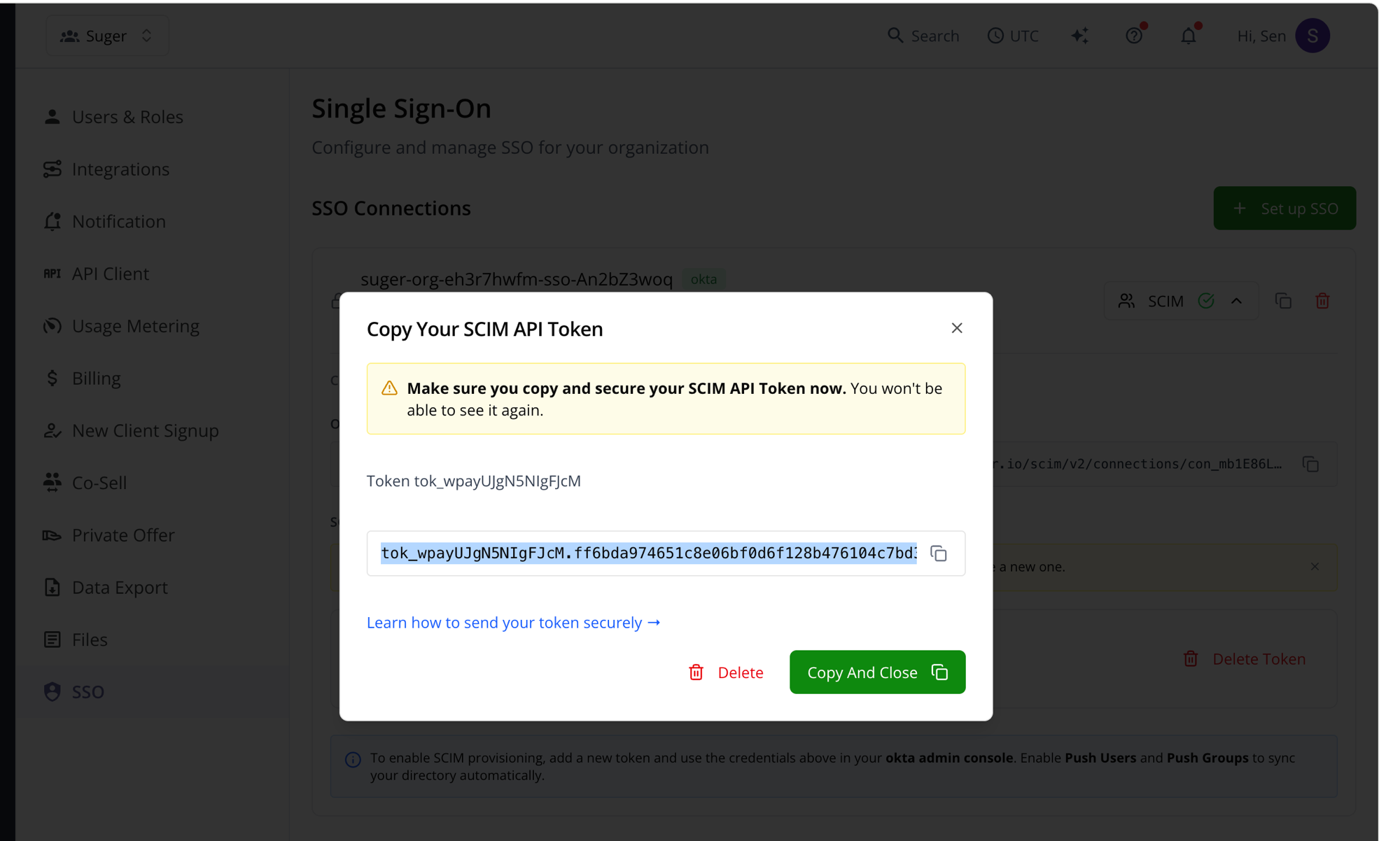 Generate New Token dialog showing the SCIM API token