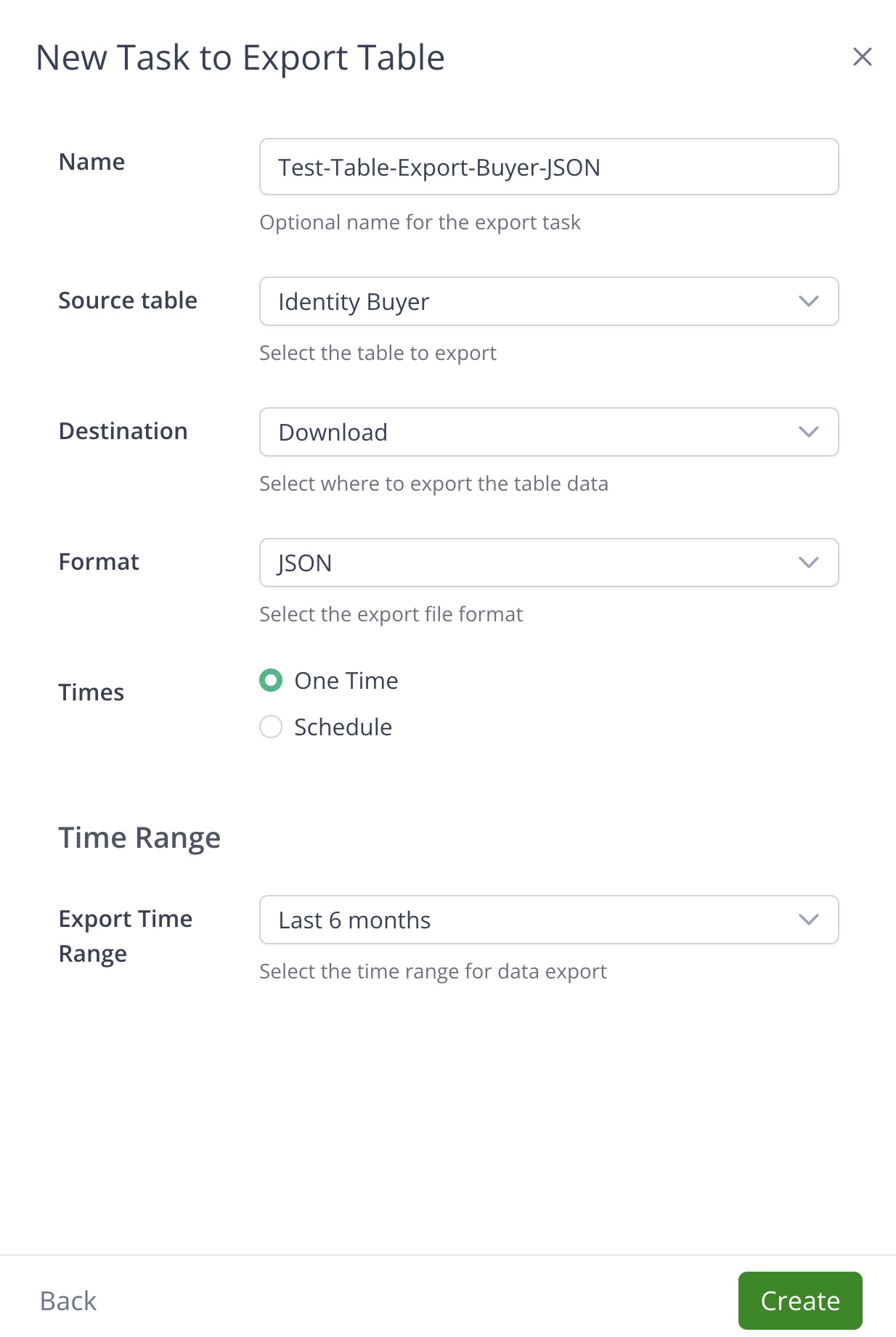 New Table Export task configuration form
