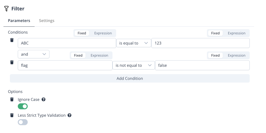 Filter node configuration panel with conditions and options