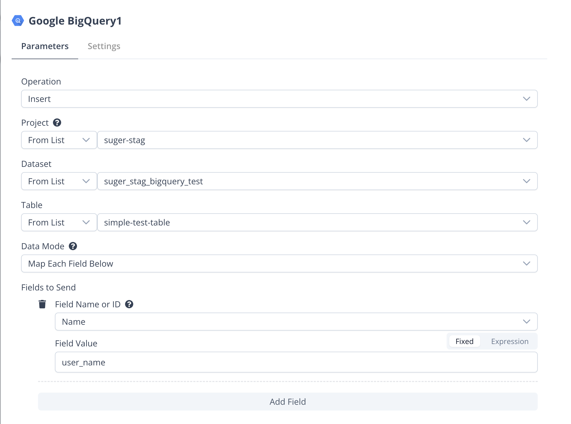 Field mapping configuration for BigQuery Insert operation