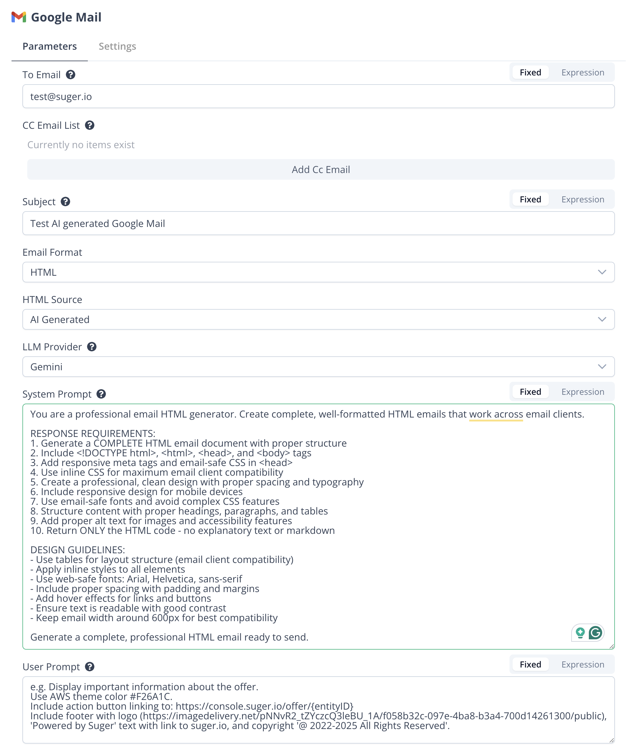 AI Generated HTML email parameters in the Google Mail node