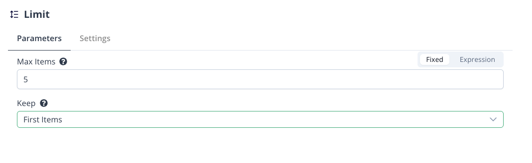 Limit node configured to keep the first 5 items