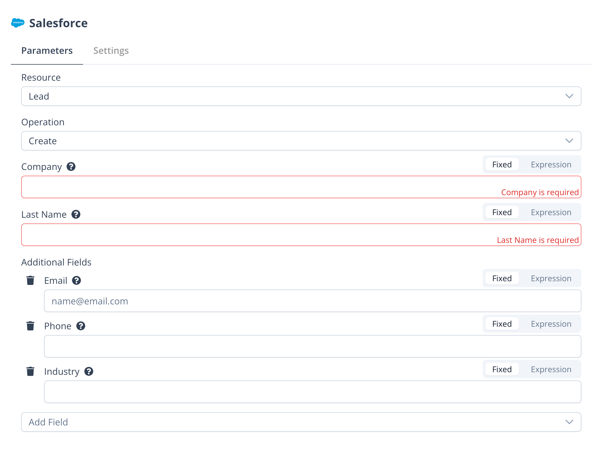 Salesforce workflow node configured to create a Lead