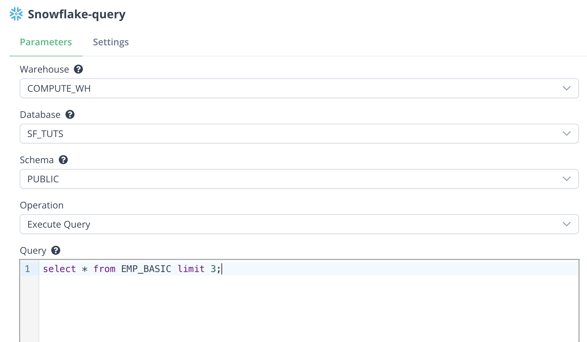 Snowflake node configured for Execute Query operation