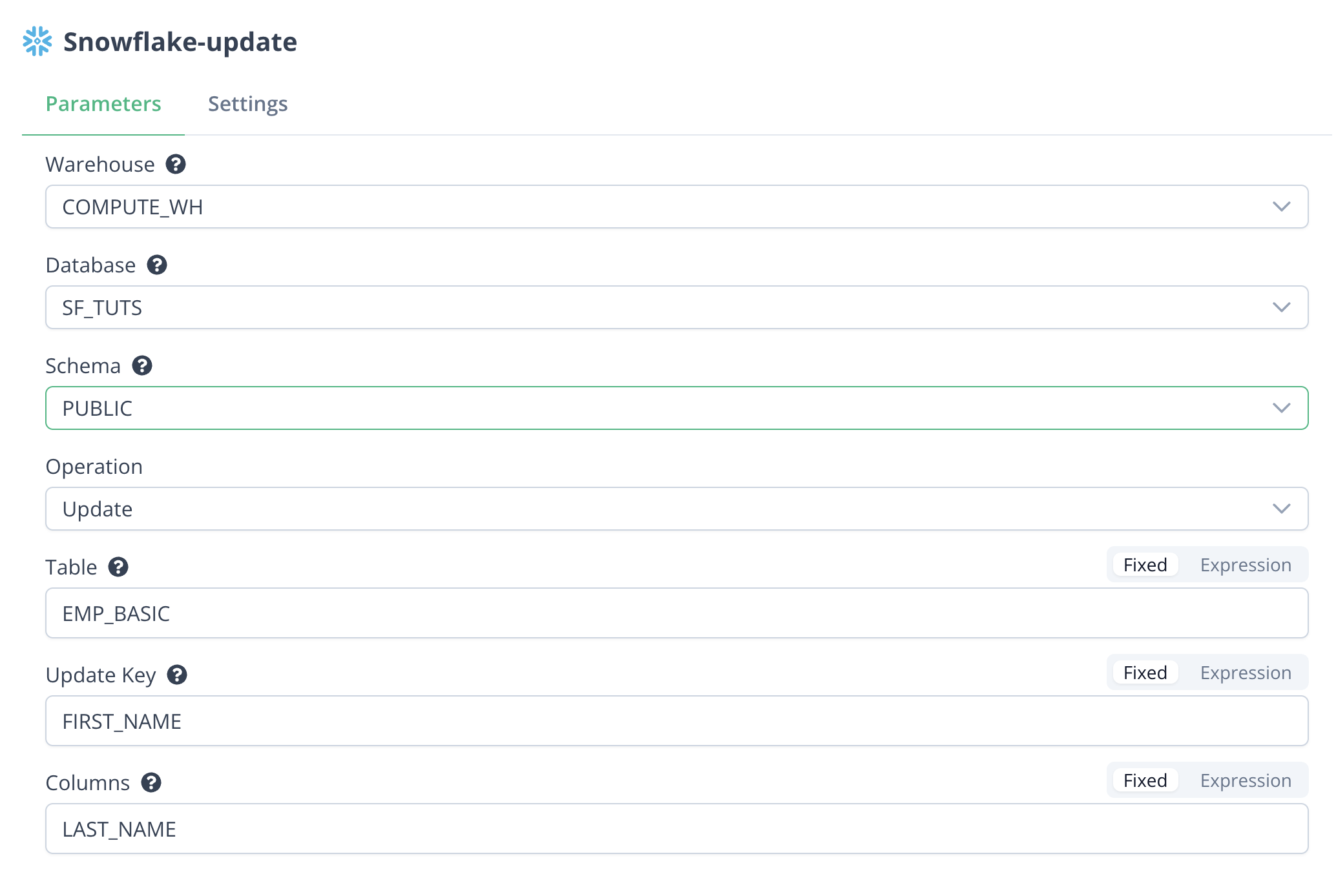 Snowflake node configured for Update operation